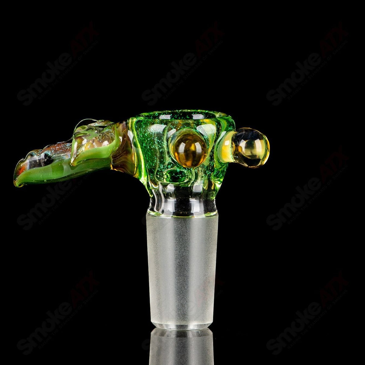 Green 14mm 3-hole UV leaf slide bowl by Mr. Gray, Heady Glass product featuring vibrant leaf design and durable glass construction.