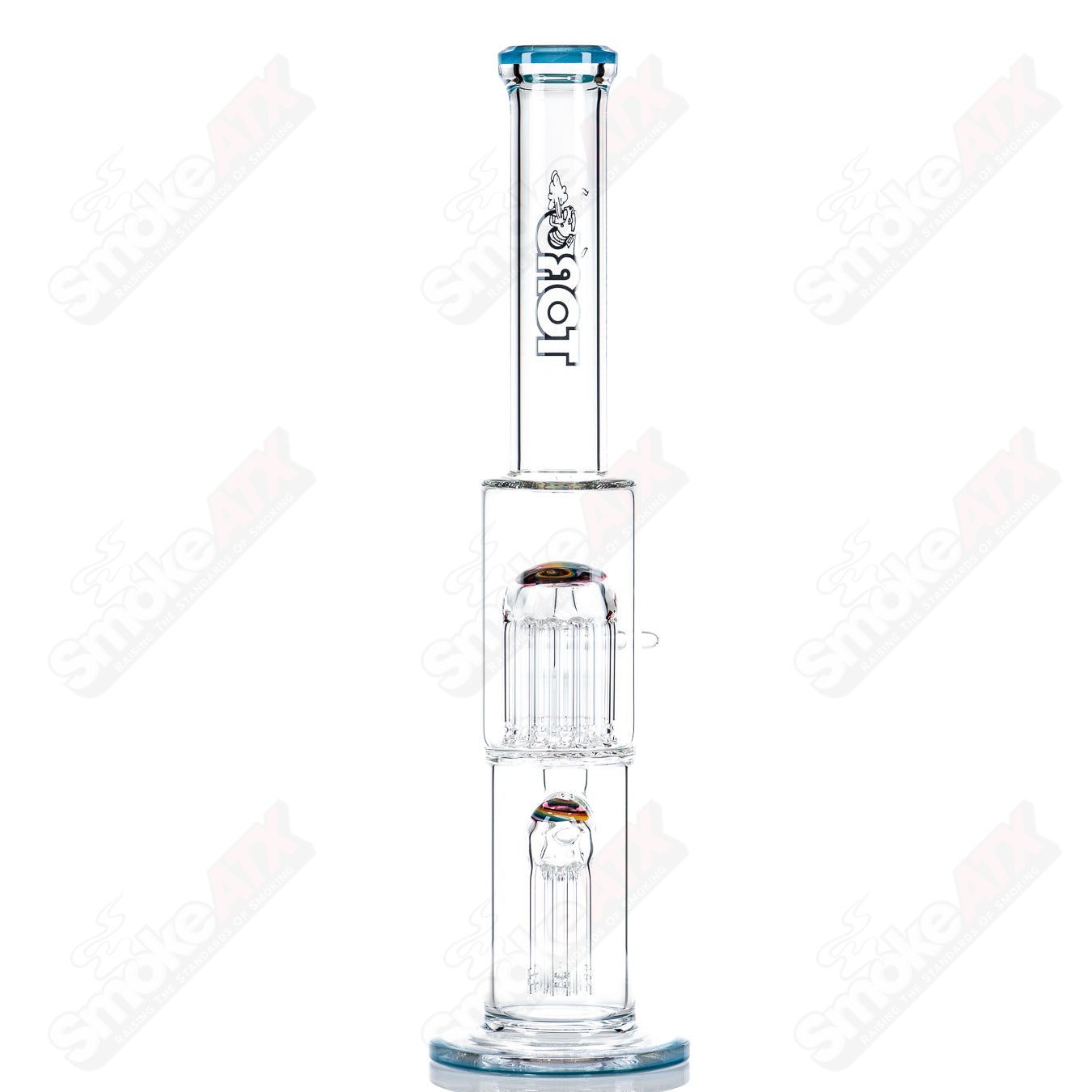 Toro 18mm 7/13 arm perc glass straight tube with worked sections, designed for smooth, filtered smoking experiences.