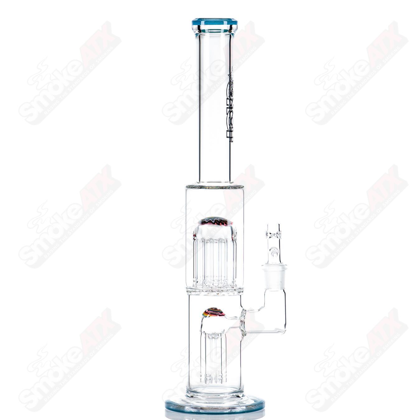 Toro 18mm 7/13 arm perc straight glass tube with worked sections, designed for smooth, filtered smoking experiences.
