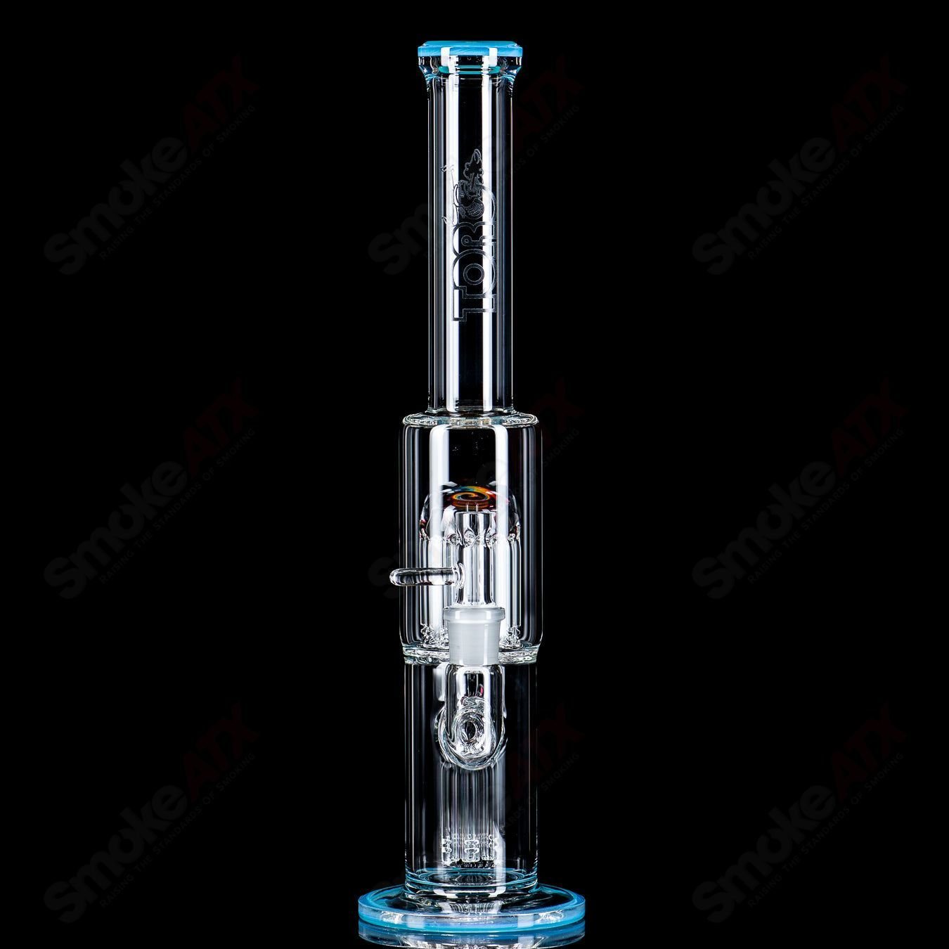 Toro 18mm 7/13 arm perc glass straight tube with worked sections, designed for smooth smoking experience.