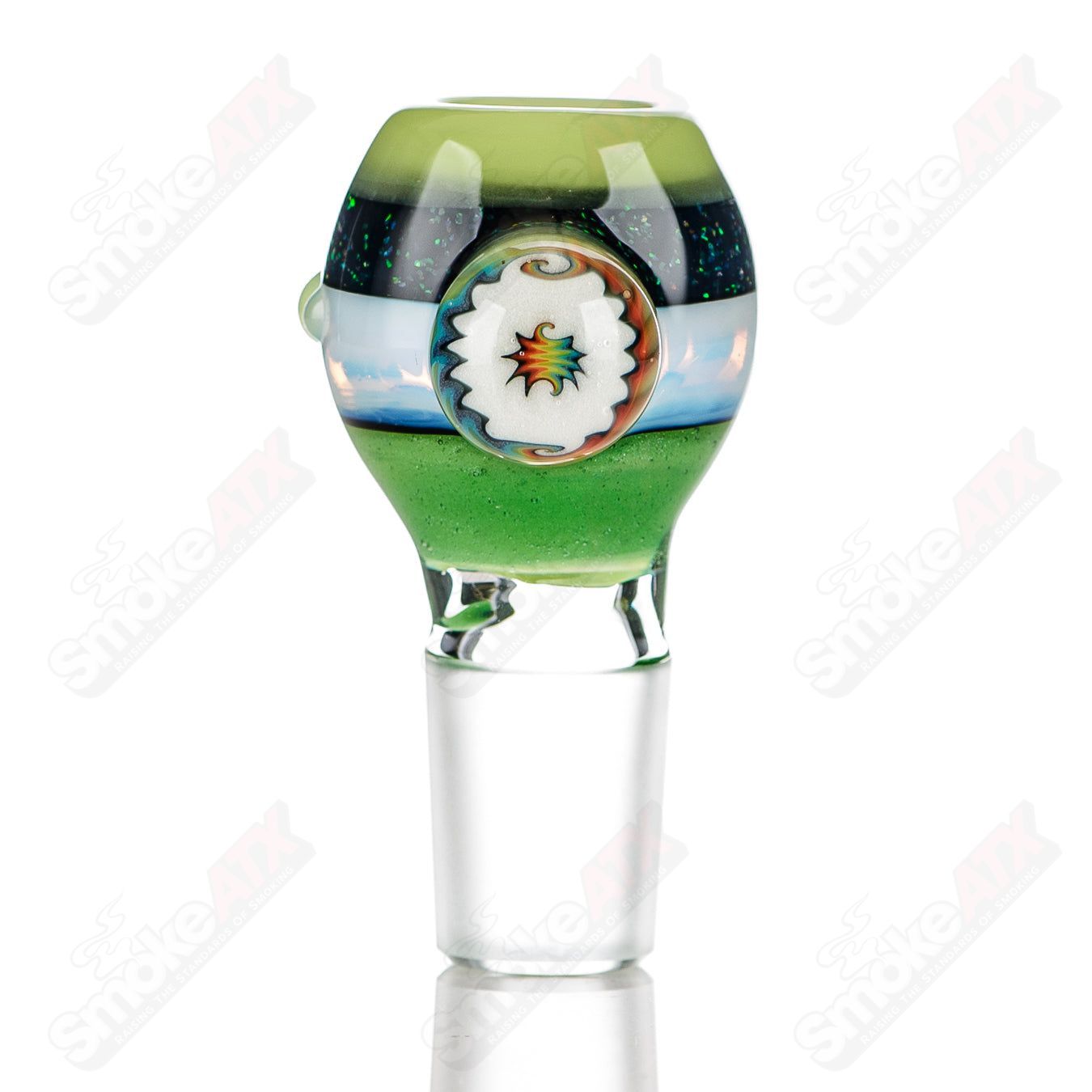 Color worked slide bowl by Jeremy from Oregon, 18mm heady glass bowl with vibrant design, designed for cannabis use.