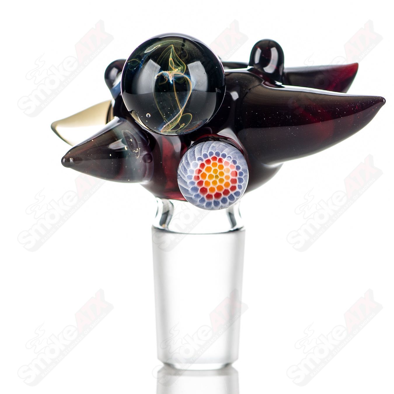 Colorful 19mm worked horn Milli bowl by JMass, made of heady glass, featuring intricate design and vibrant full-color details.