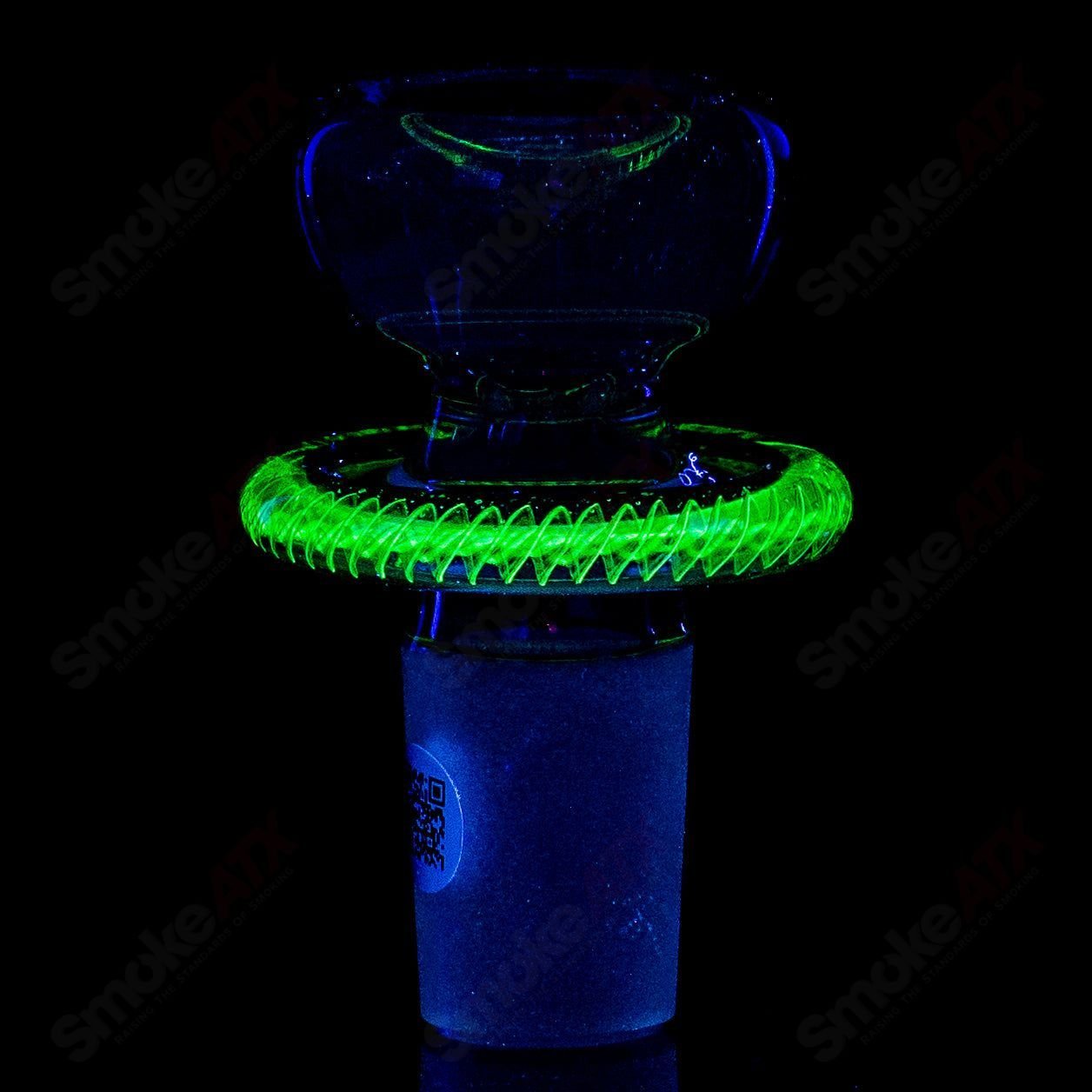 Colorful 19mm UV-reactive Mobius single hole bowl with vibrant elements, designed for glass smoking accessories.