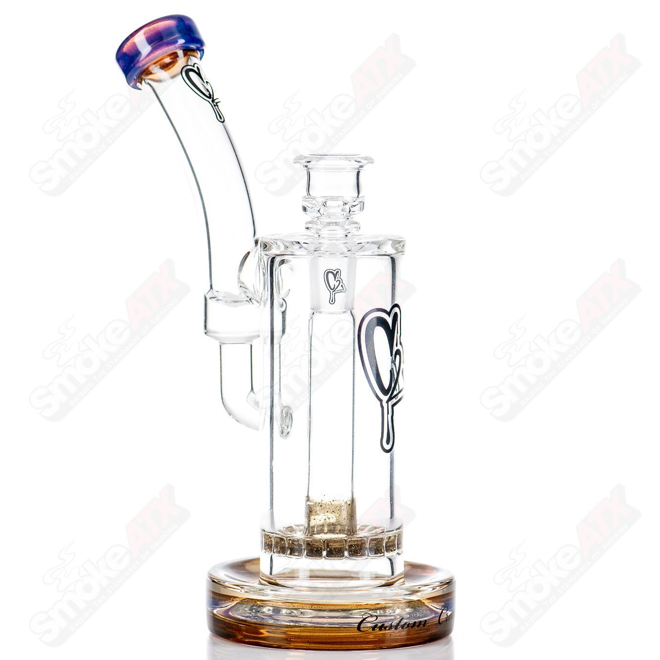 Colorful 50mm glass waterpipe with 14mm single ratchet bub and bent neck by C2 Custom Creations.