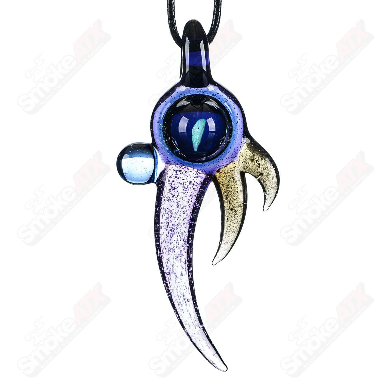 Dosh Glass amulet pendant featuring a colorful glass design, hanging on a leather cord, showcasing artisanal craftsmanship.