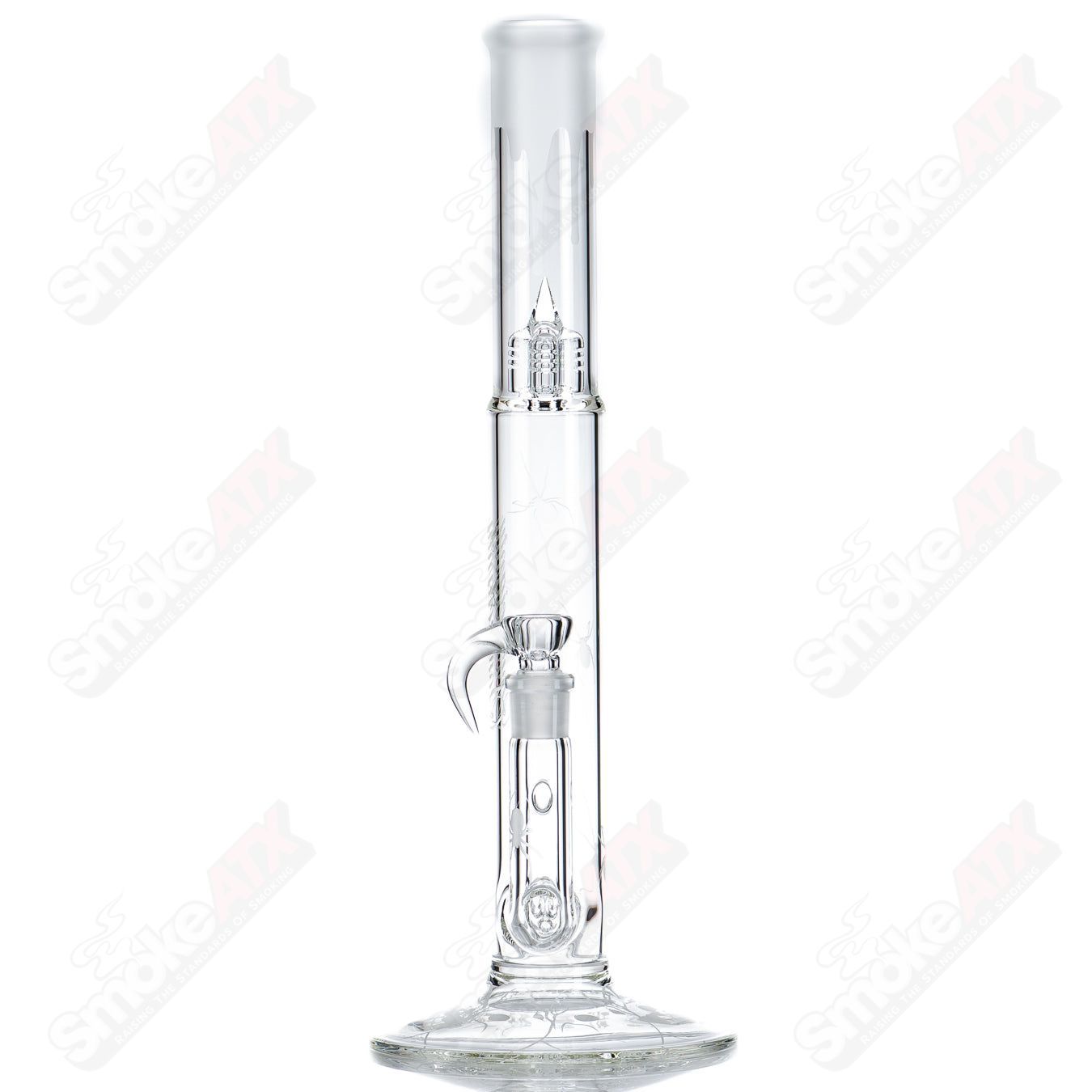 Clear glass Bishop 3-line straight tube with Halloween pattern by Sovereignty Glass, featuring festive design details.