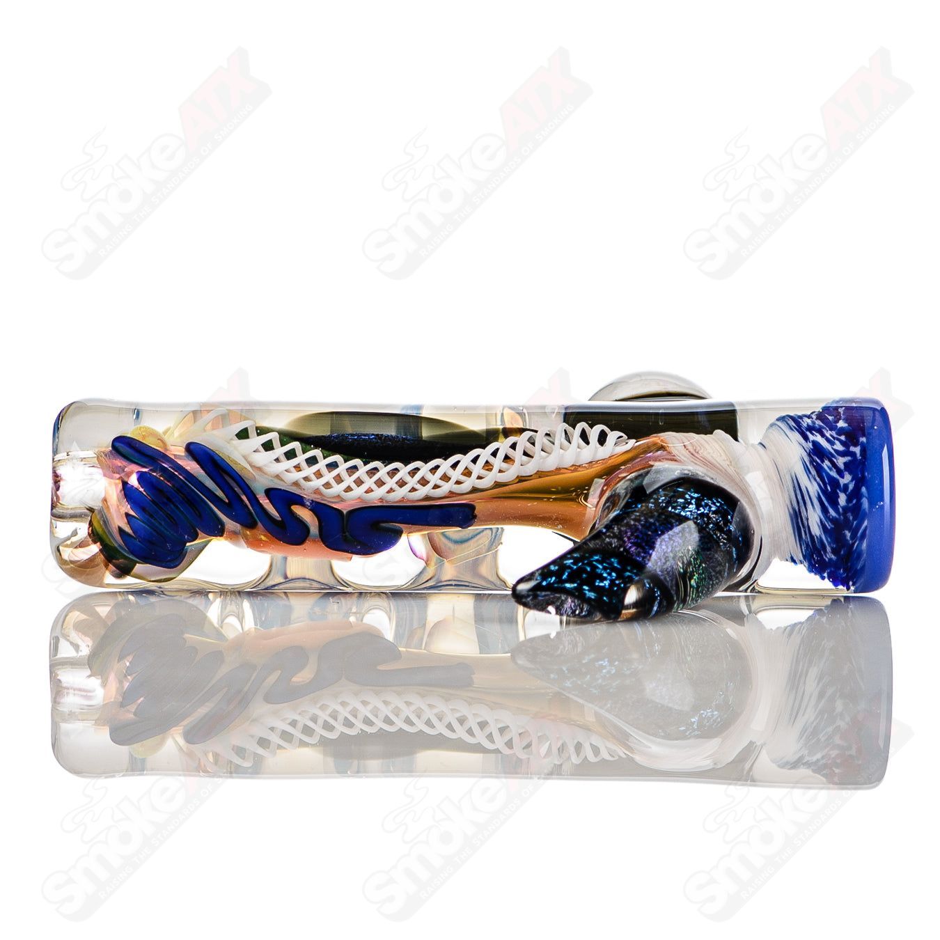 Color-worked IO Chillum by Jeremy from Oregon, heady glass pipe with intricate design, used for smoking.