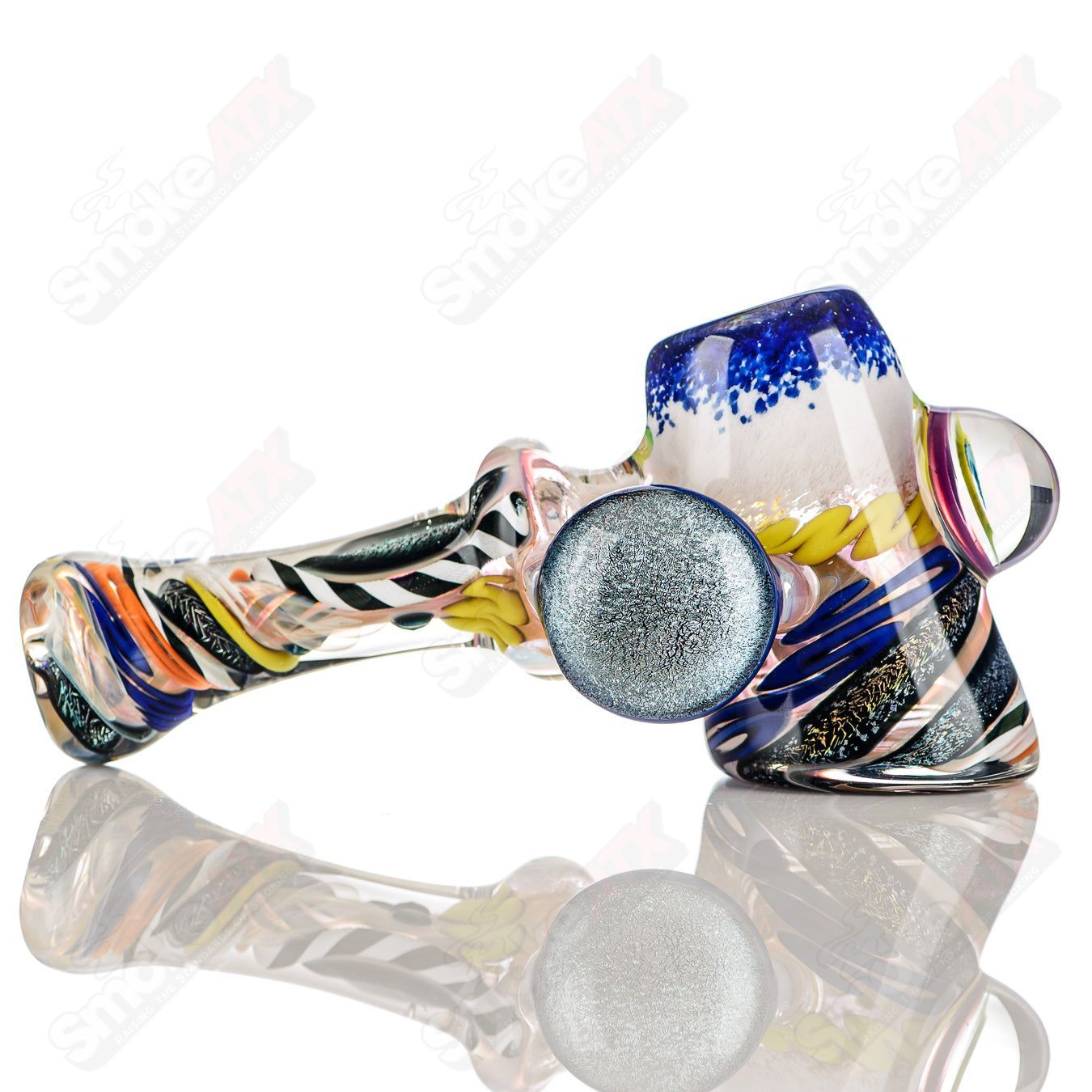 Color worked IO dry hammer hand pipe by Jeremy from Oregon, featuring vibrant glass art and a compact, ergonomic design.