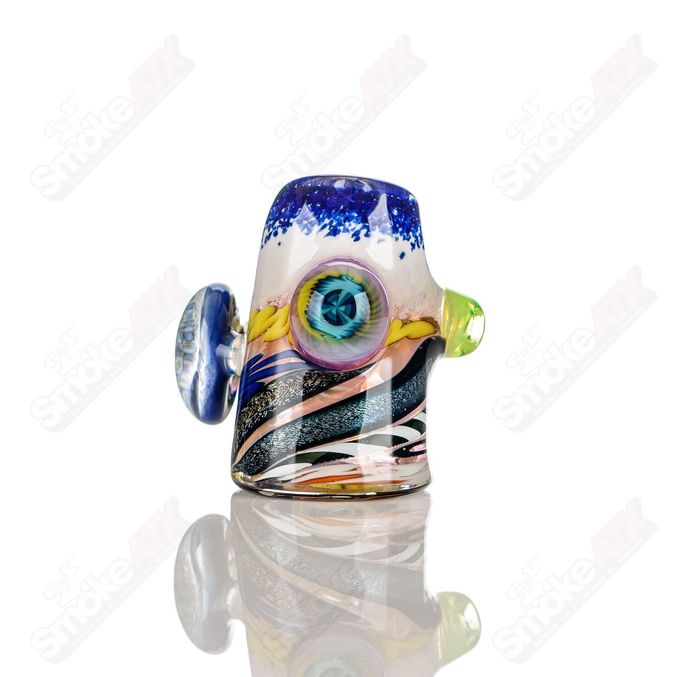 Color-worked IO Dry Hammer hand pipe by Jeremy from Oregon, featuring vibrant glass art and a sturdy hammer shape.