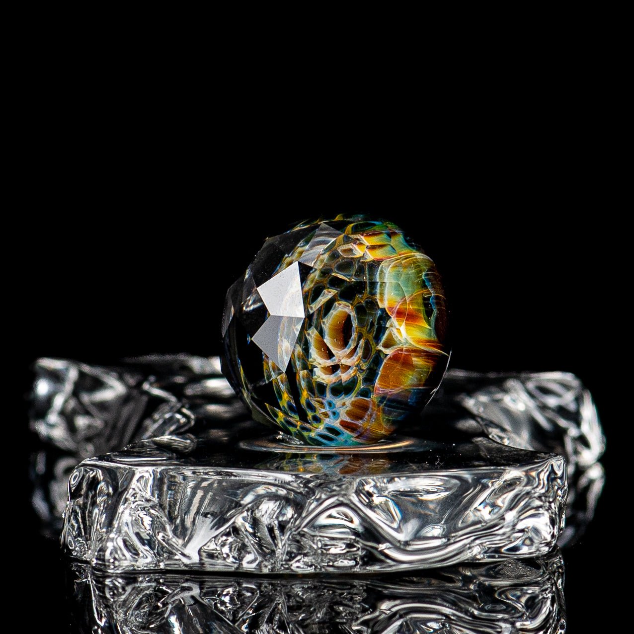 Fatal Facets faceted slurper topper from Indo x Fatal Facets heady glass collection with colorful marbles and intricate glass design.