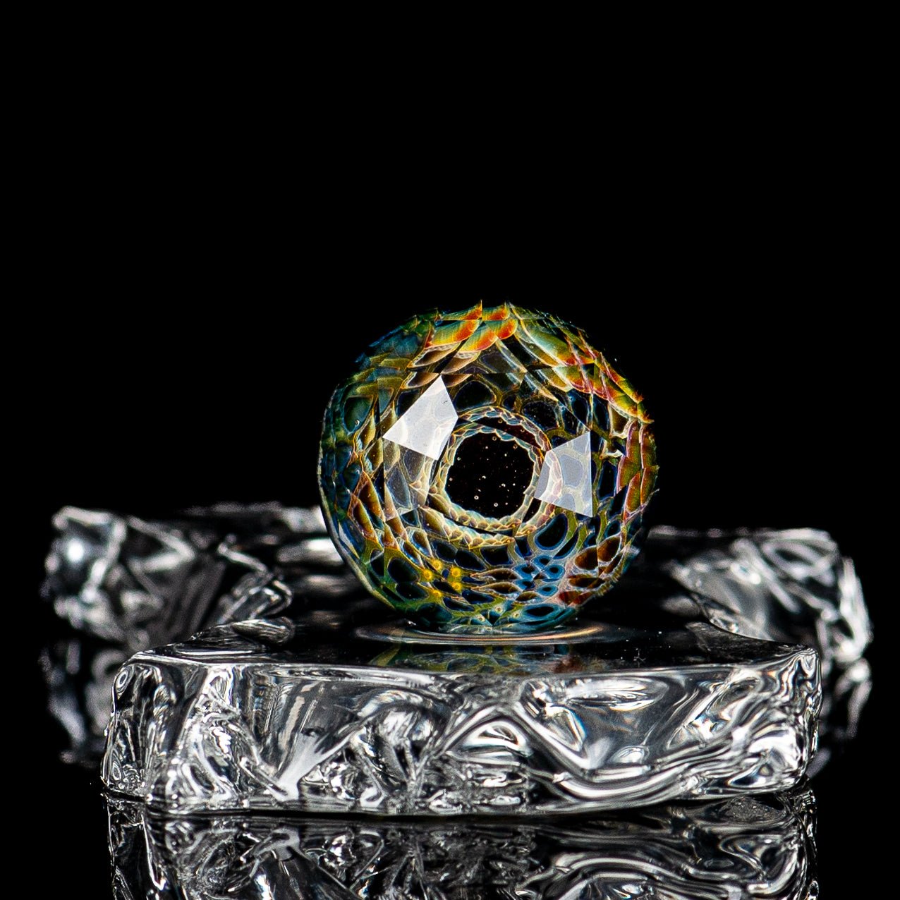Fatal Facets faceted slurper topper for heady glass, featuring colorful marbles in a collaborative Indo x Fatal Facets design.