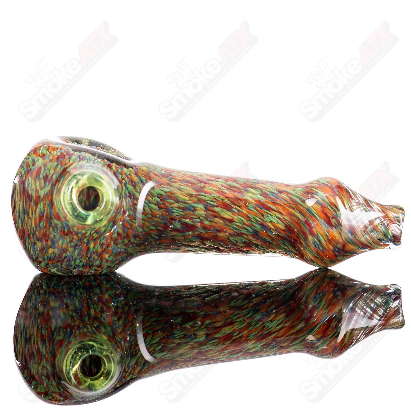 Colorful Frit Rainbow Spoon hand pipe by JMK Glass featuring vibrant rainbow glass accents and a smooth glass bowl.