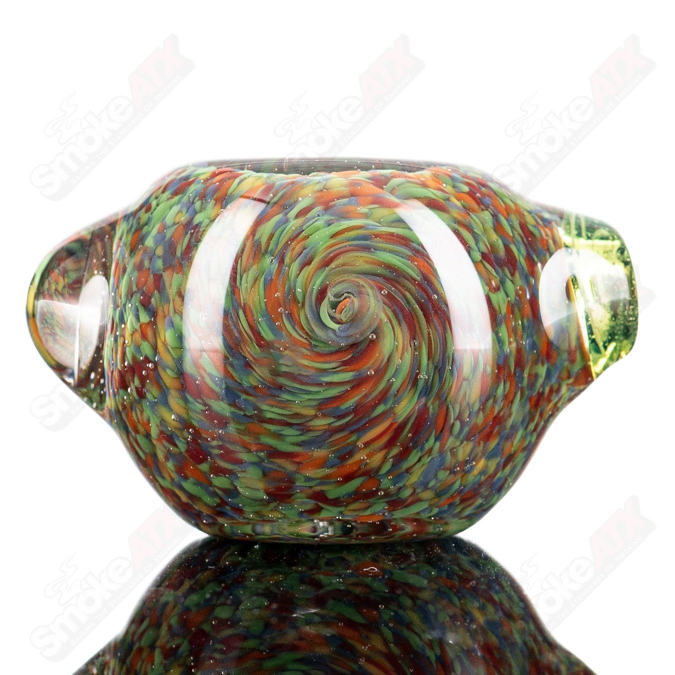 Colorful Frit Rainbow Spoon hand pipe by JMK Glass, featuring vibrant rainbow glass accents and a smooth, rounded bowl.