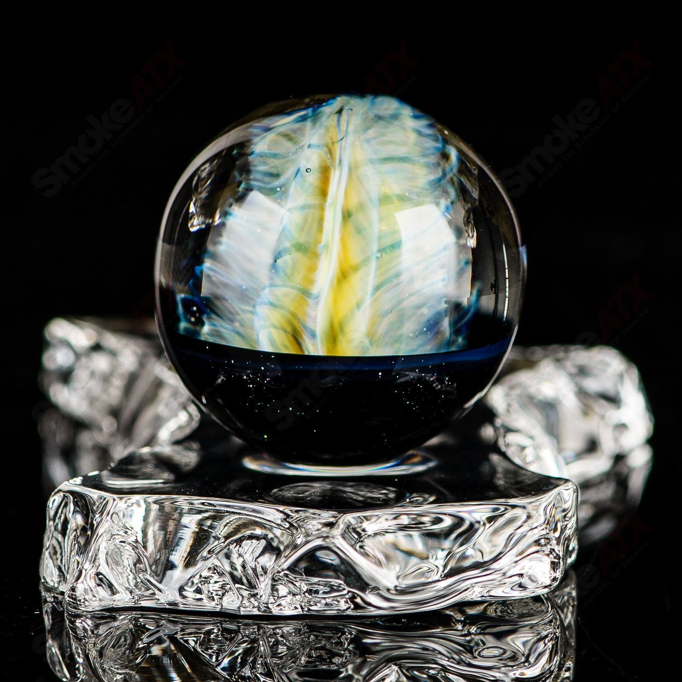 Fume Latticino marble signed by JMK Glass, handcrafted heady glass marble with intricate swirling patterns.