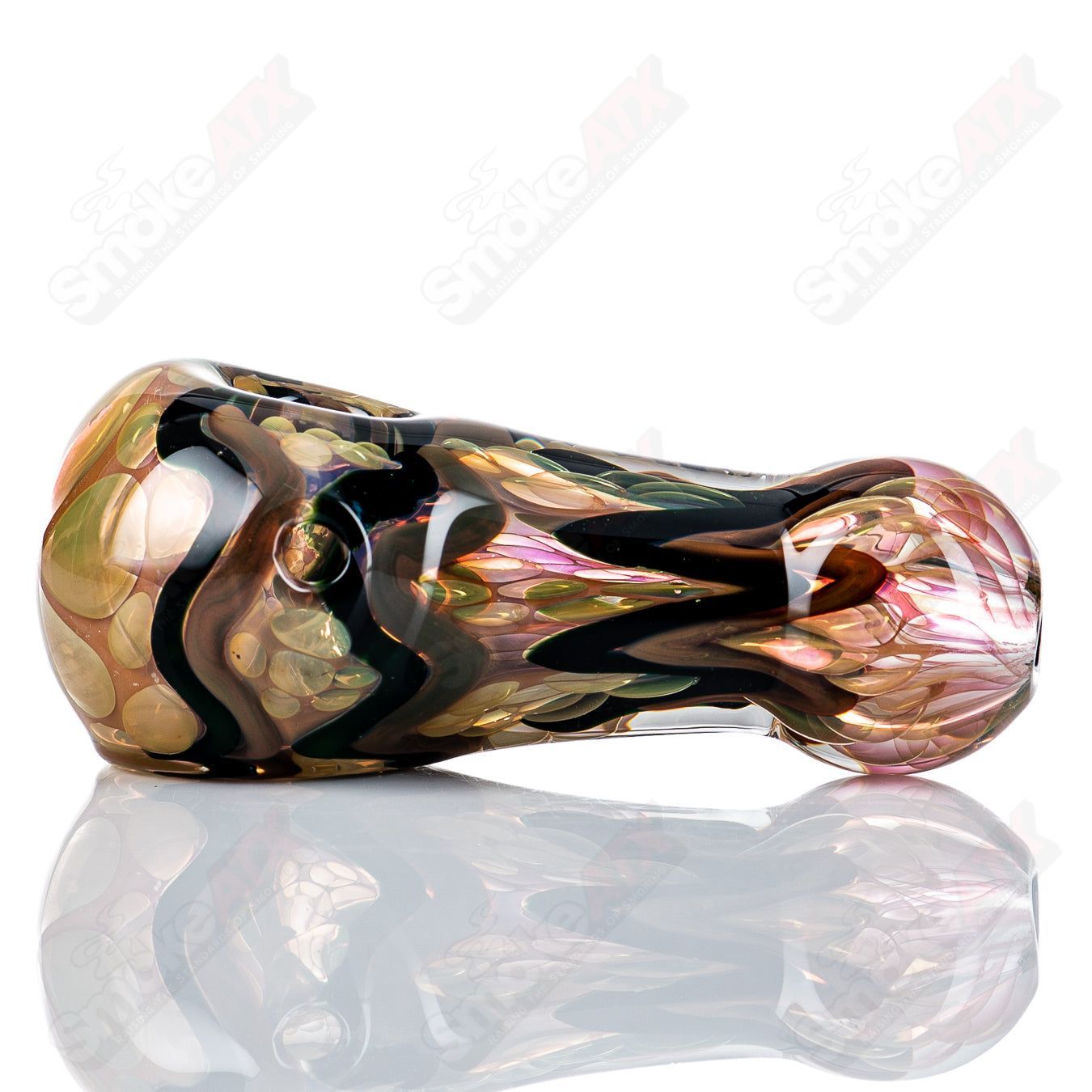 Gold and silver fume I/O pipe by Shane Smith, glass spoon with intricate metallic accents and clear glass bowl.