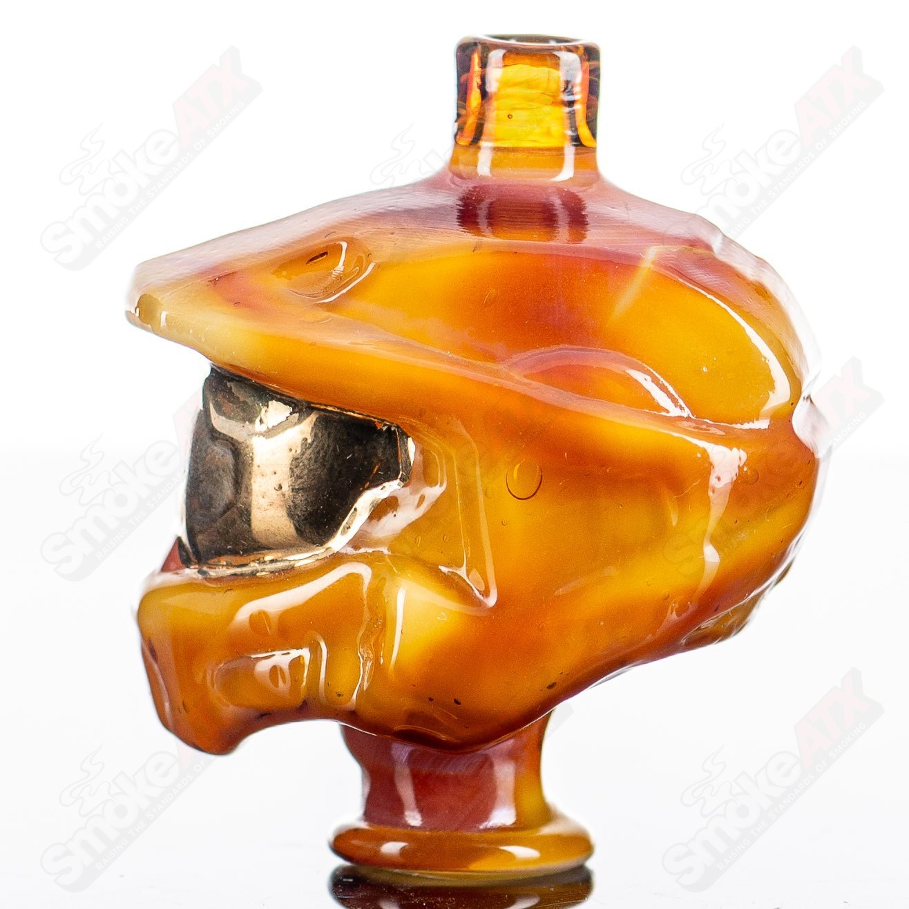 Glass Halo Pivot Mouthpiece by Tony Kazy for Puffco Tops, featuring clear glass design and precise mouthpiece details.