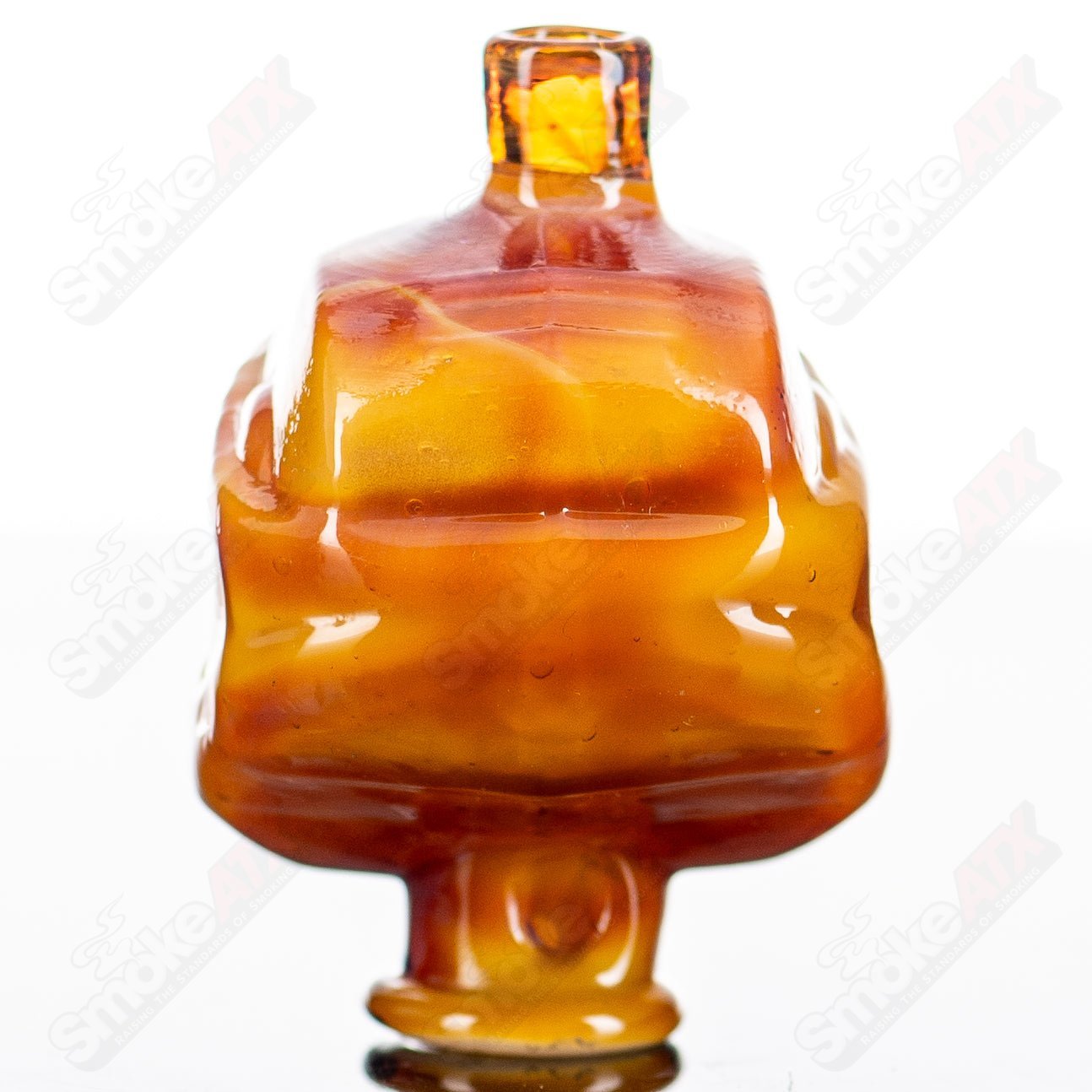 Glass Halo Pivot Mouthpiece by Tony Kazy for Puffco Tops, showcasing clear glass design with smooth curves and attachment fitting.