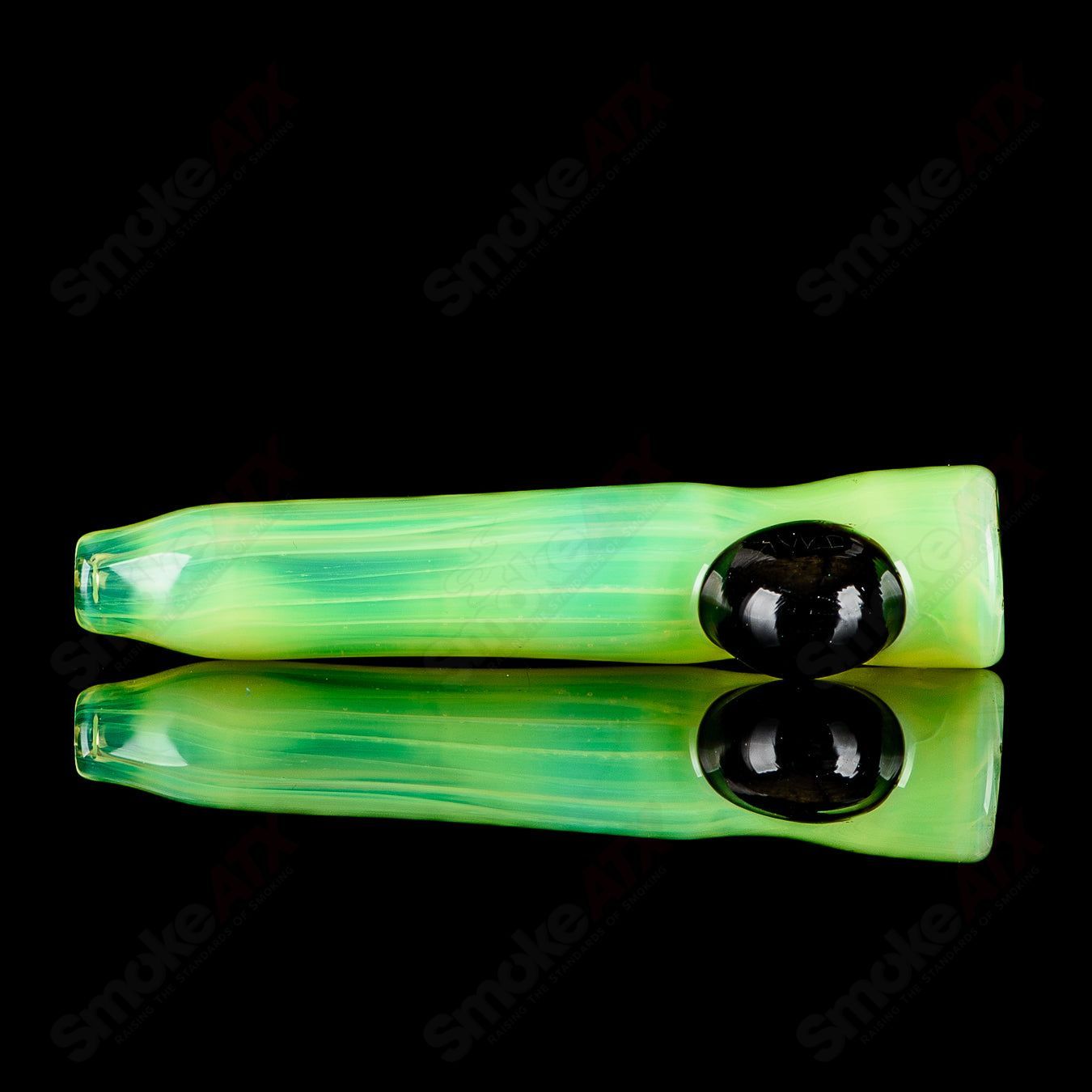 JMK Glass signed I/O Worked chillum made of clear glass with intricate worked design, handheld smoking pipe.