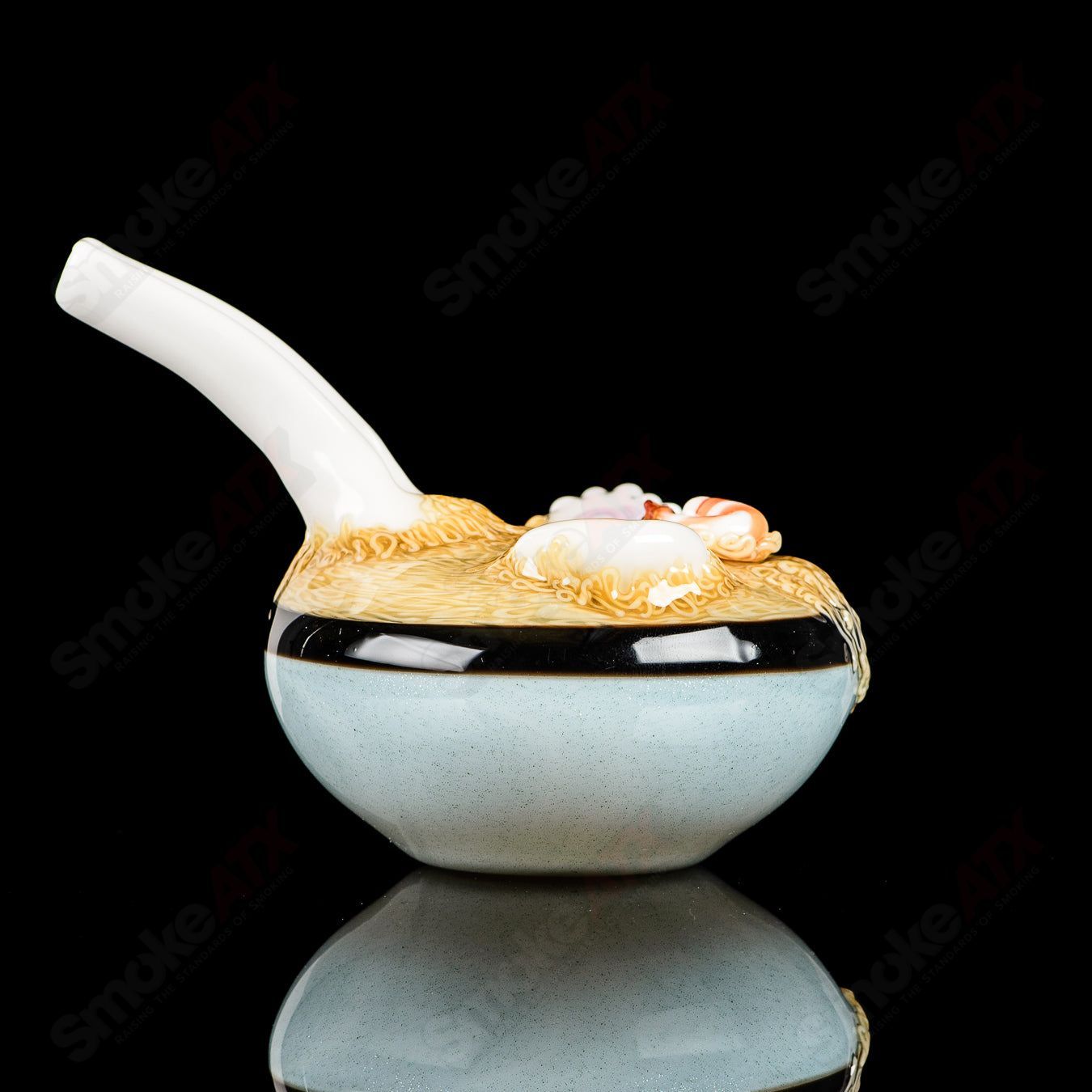 Dojo Glass Ramen Rig, a clear heady glass concentrate rig with intricate ramen bowl design, for dabbing and vaporizing concentrates.