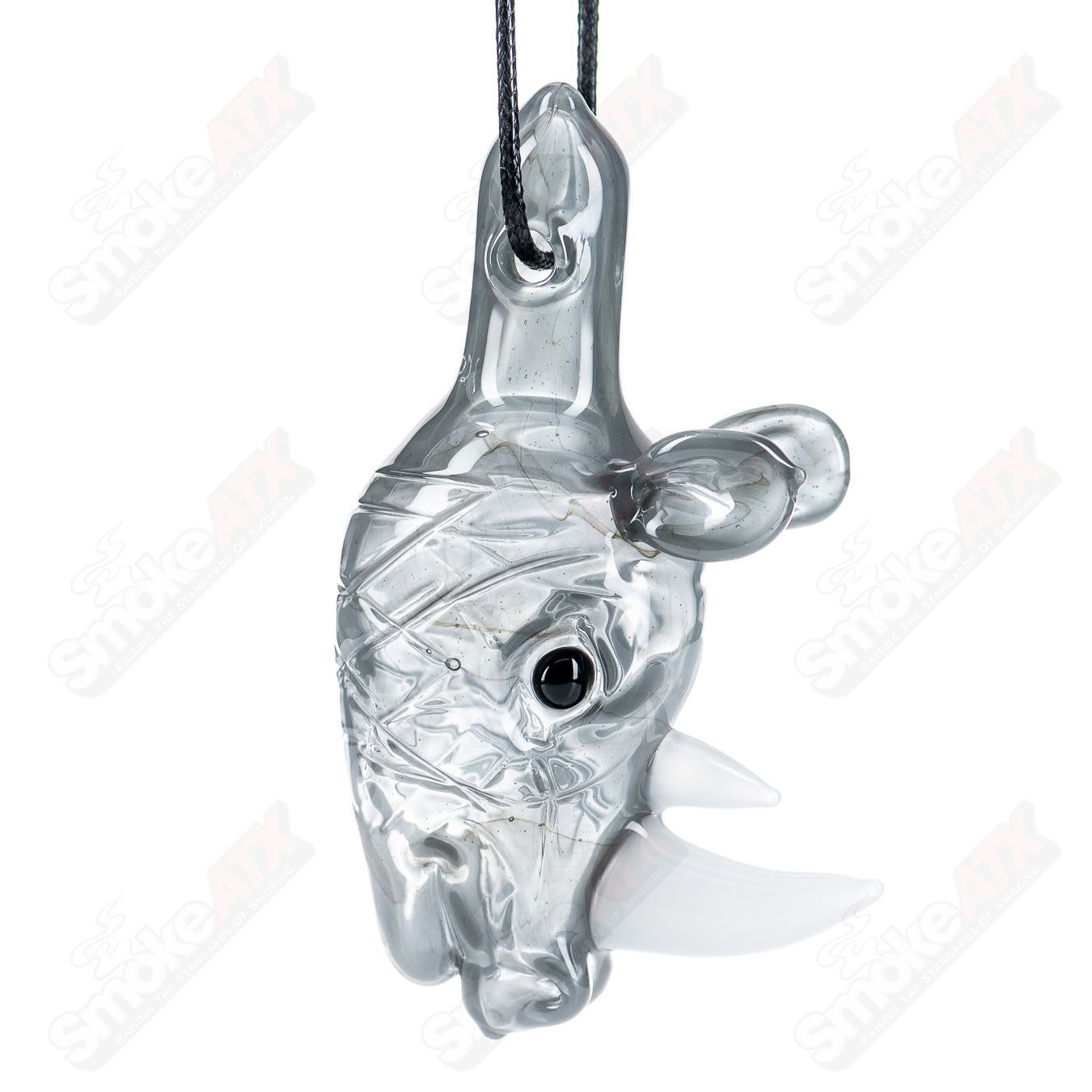 Addison Hanna glass Rhino pendant necklace, detailed clear glass design featuring a realistic rhinoceros shape.