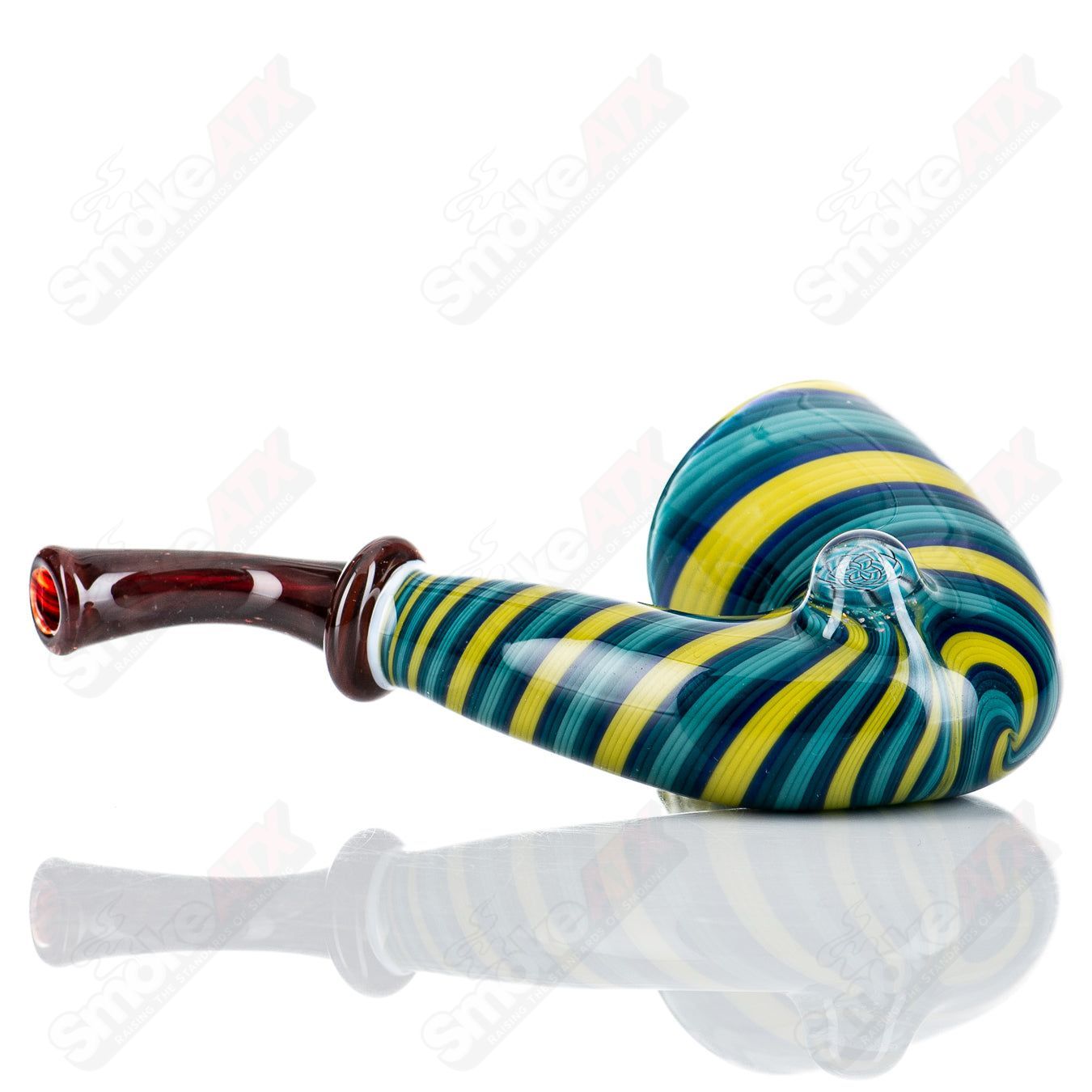 Sherlock style heady glass pipe with Milli accent by JMass, featuring intricate design and clear glass construction.