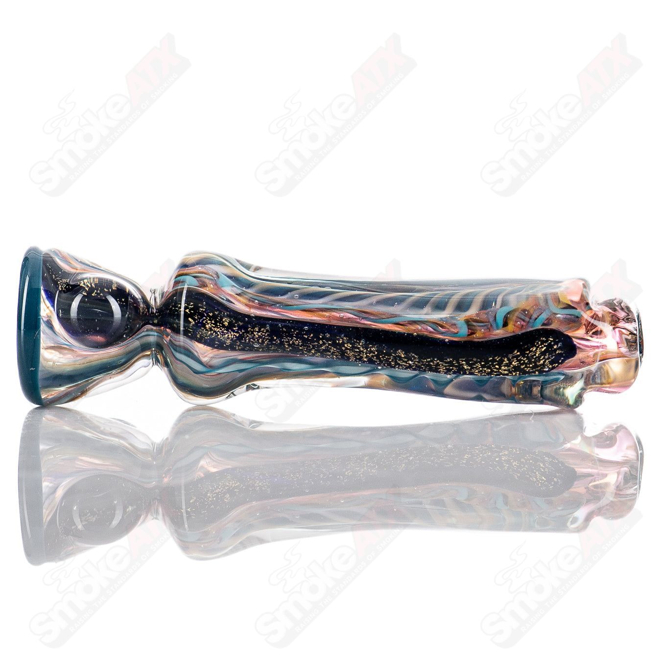 Molten Imagination glass Bat Chillum hand pipe, small ISO model with clear glass design, suitable for discreet use.