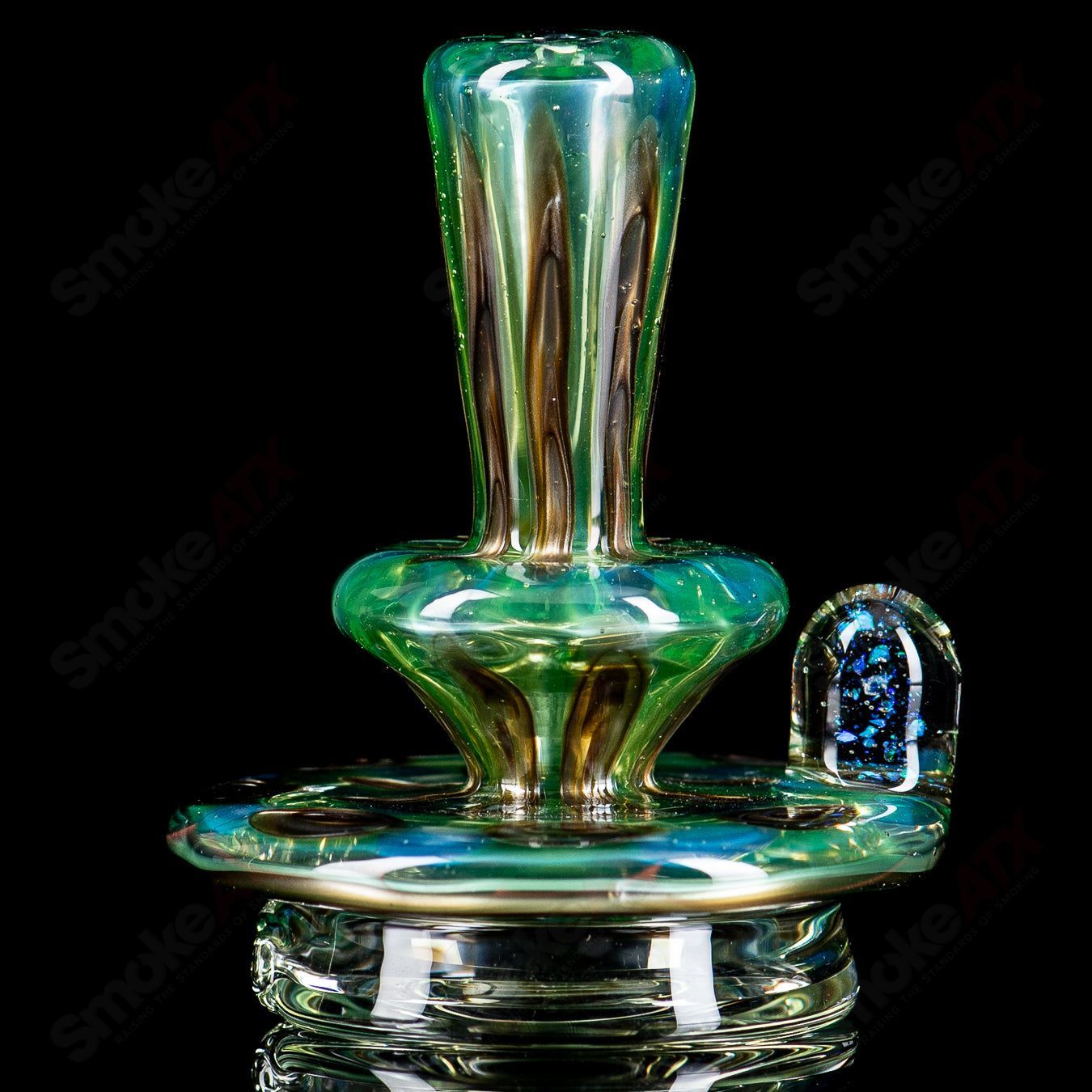 Heady glass Puffco dry top with UV full pattern design by Geoff Made Glass, featuring vibrant colors and intricate details.