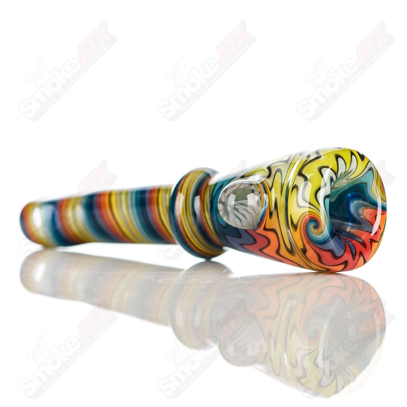 Katy Wright Glass Wig Wag Chillum, clear heady glass pipe with colorful wig wag design, compact and artistic for smoking.