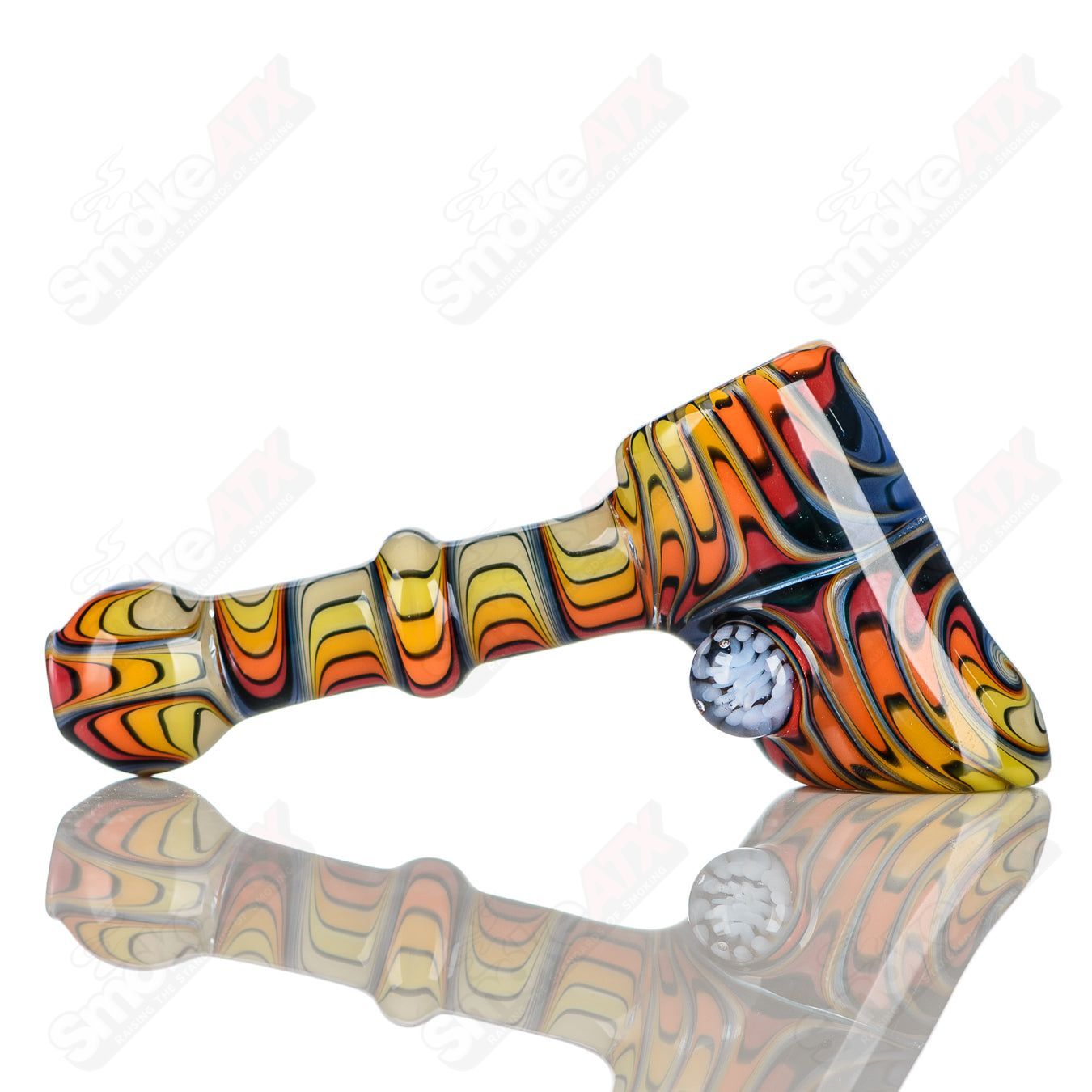 Katy Wright Glass Wig Wag Hammer Dry Pipe, heady hand pipe with colorful wig wag design and artistic glass craftsmanship.