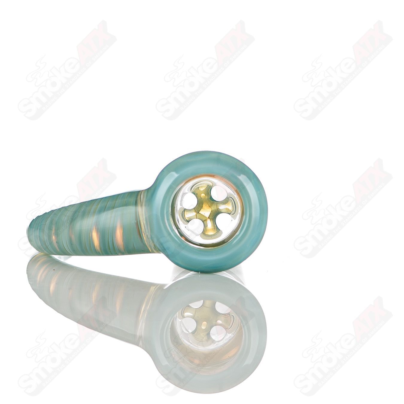 Colorful 18mm worked glass 4-hole slide bowl by Texas Tubes for 10mm and 18mm pipes, featuring intricate design and vibrant hues.