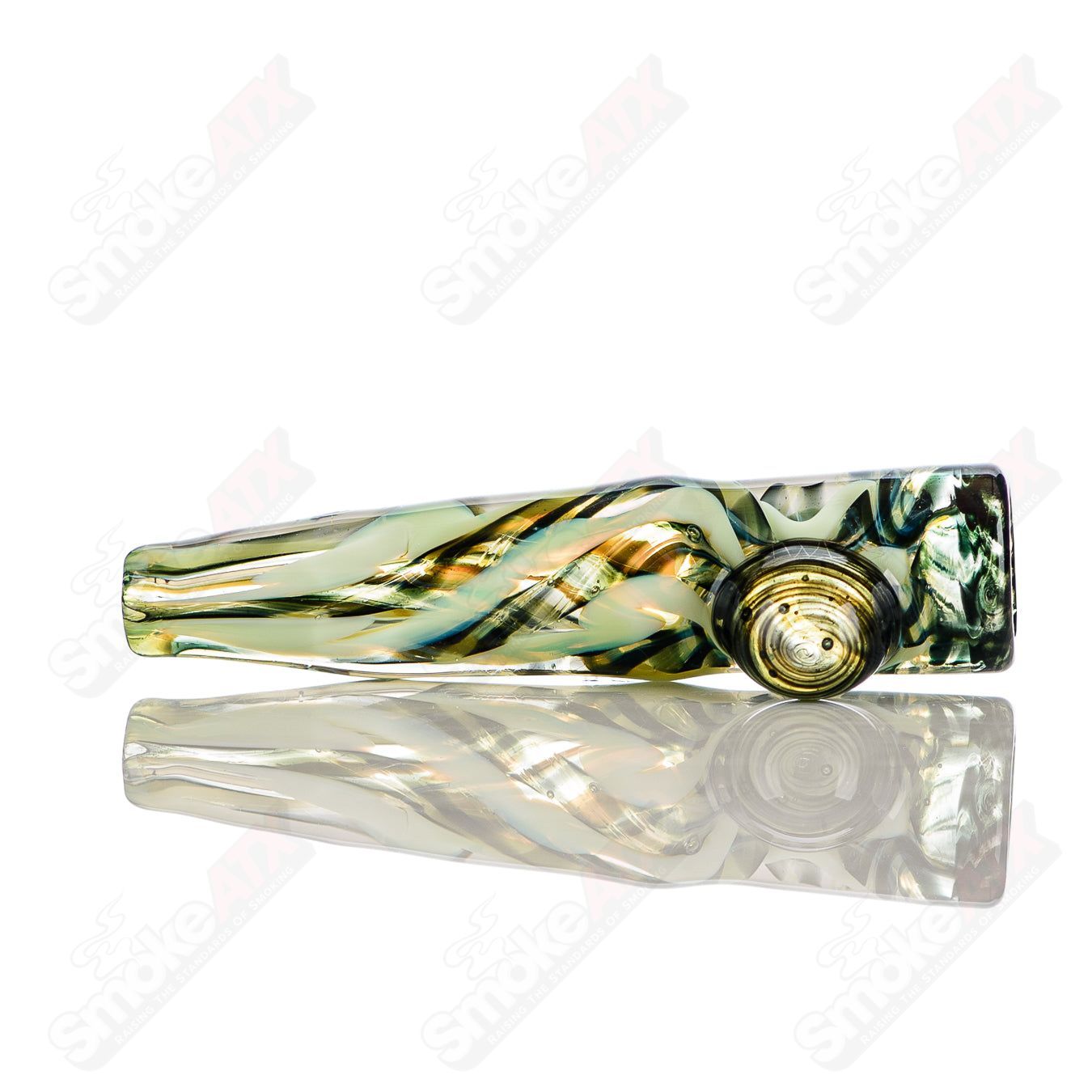 Signed JMK Glass #10 I/O Worked Chillum, clear glass pipe with intricate worked details and signature design.