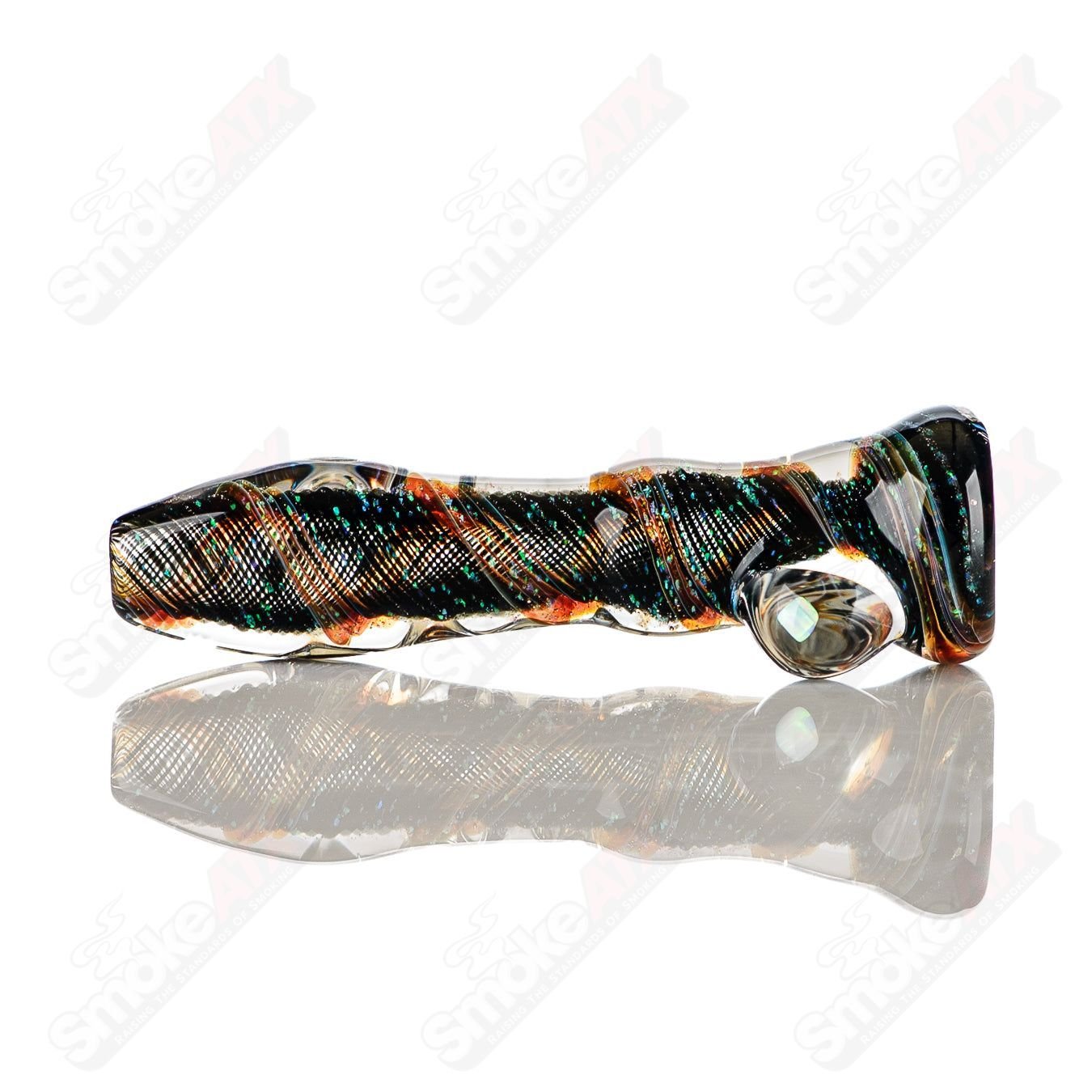 Clear glass #10 Opal Hitter Chillum by Rotational Science featuring a colorful opal design and smooth, rounded shape.