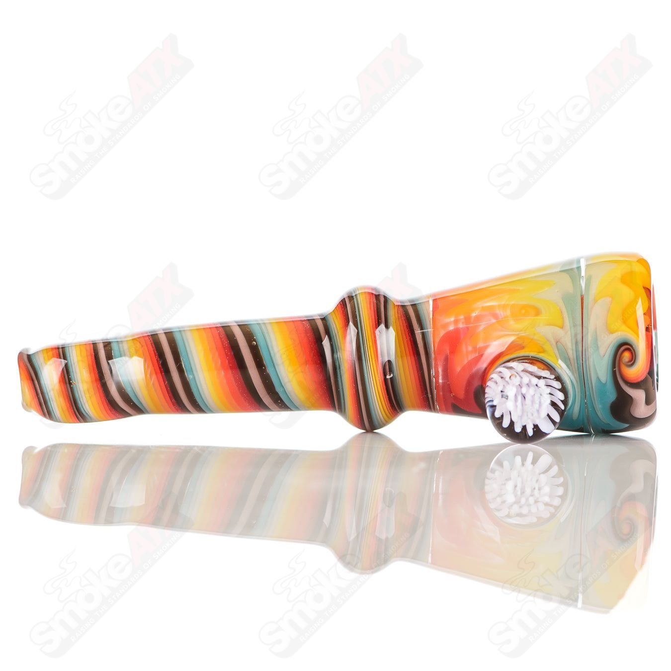 Katy Wright Glass Wig Wag Chillum, handcrafted heady glass pipe with colorful wig wag design, compact and artistic for smoking.