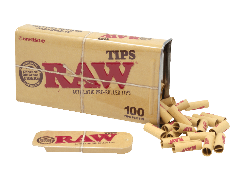 A pack of 100 RAW pre-rolled paper tips for rolling cigarettes or joints, featuring natural, unbleached paper tips for smooth smoking.
