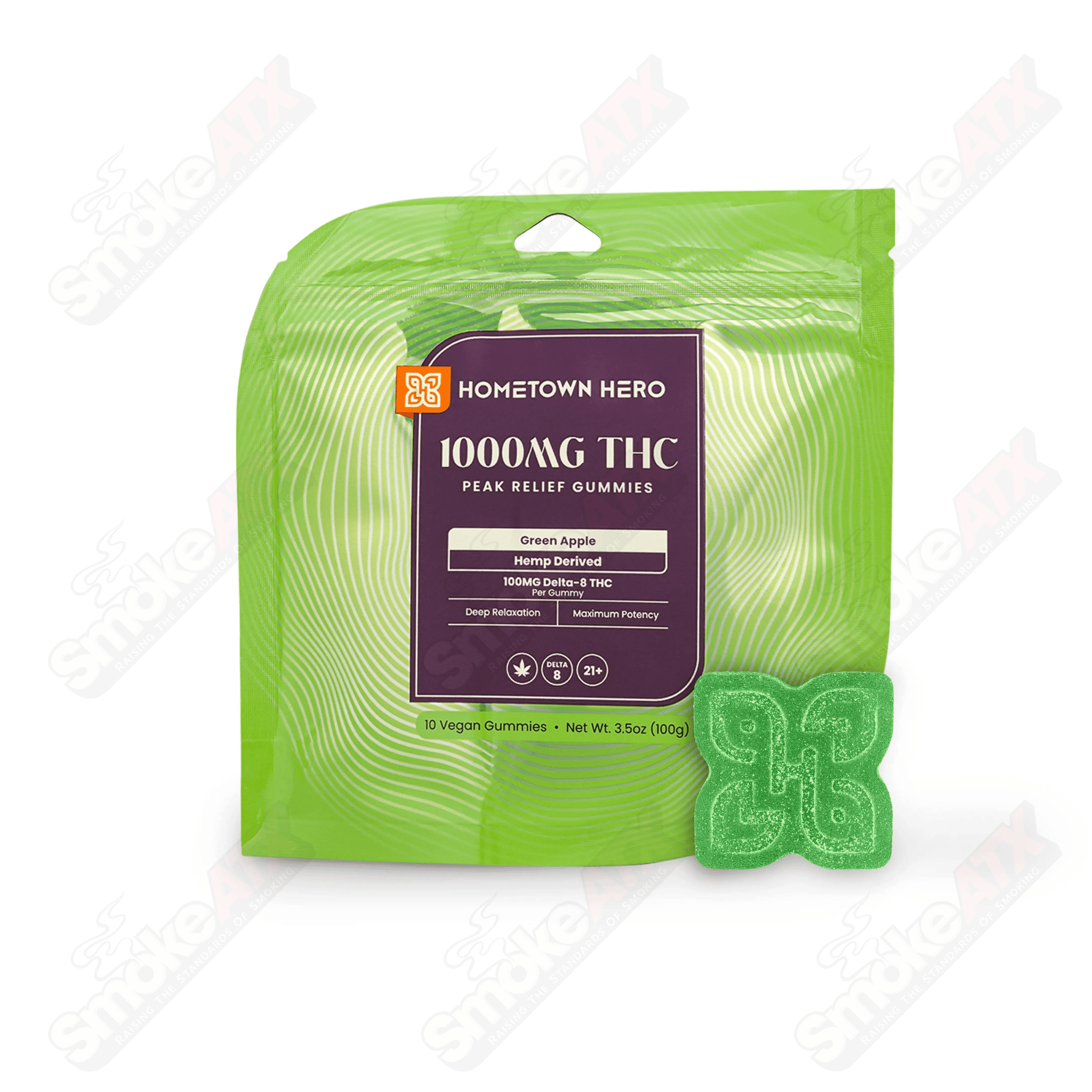 Hometown Hero Green Apple Max Delta 8 Gummies, hemp edibles with 1000mg Delta 8 THC, in green apple flavor.