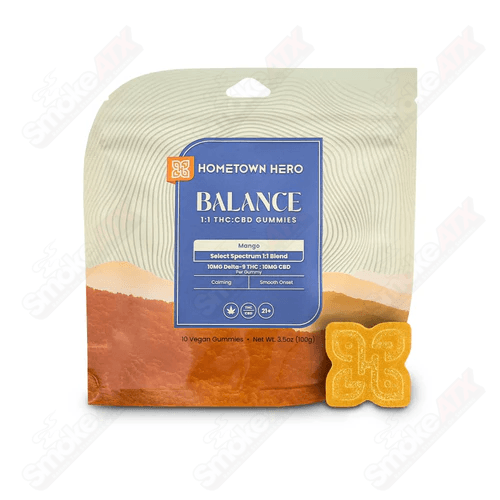 Hometown Hero Mango Spectrum Delta-9 Gummies, hemp edibles with 100mg THC, featuring mango flavor on a white background.