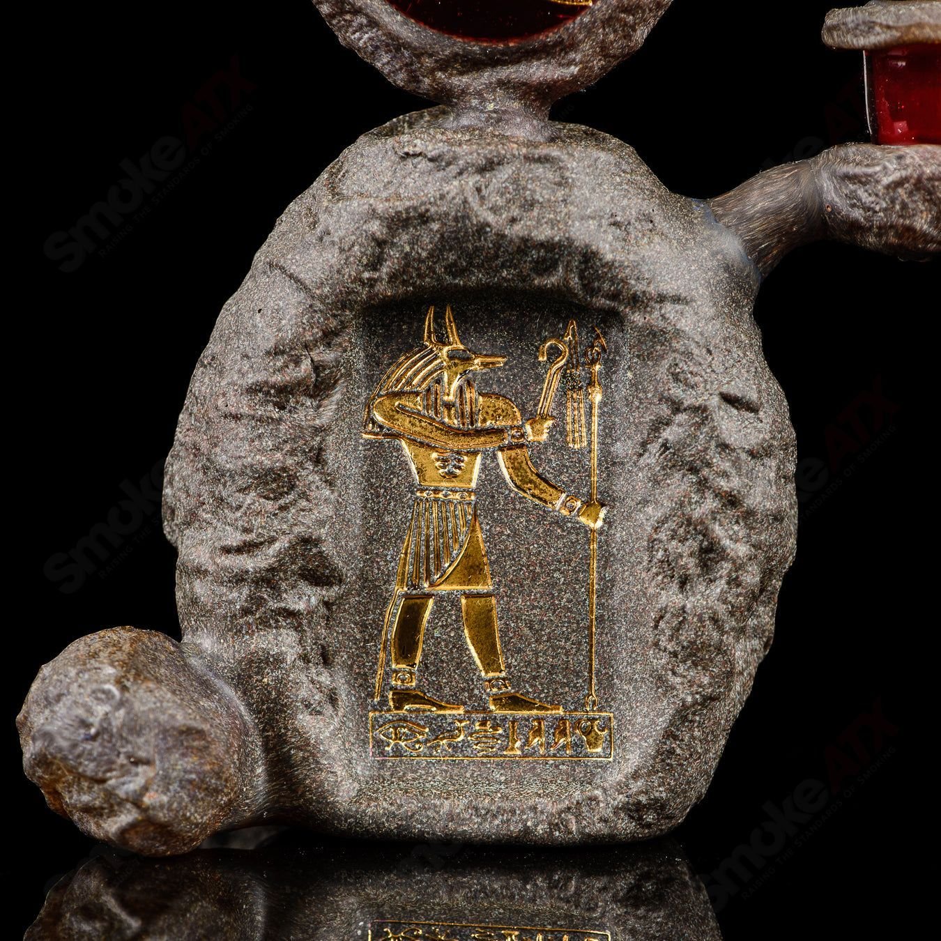 Green T Glass 10mm Ancient Anubis Shrine Rig, a green heady glass concentrate rig with Anubis shrine design.