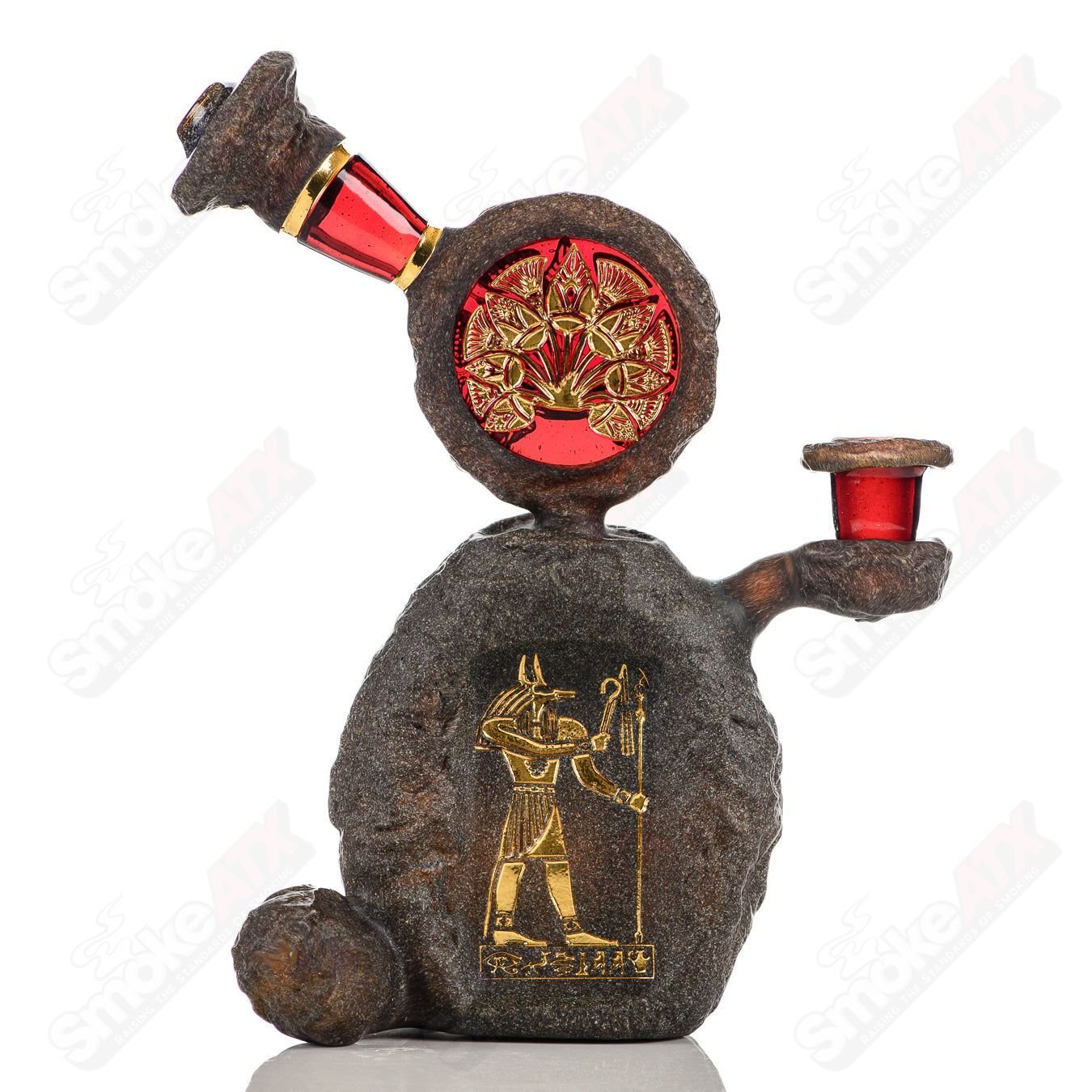 Green T Glass 10mm Ancient Anubis Shrine Rig, heady glass concentrate rig with detailed Anubis and shrine design in green T glass.