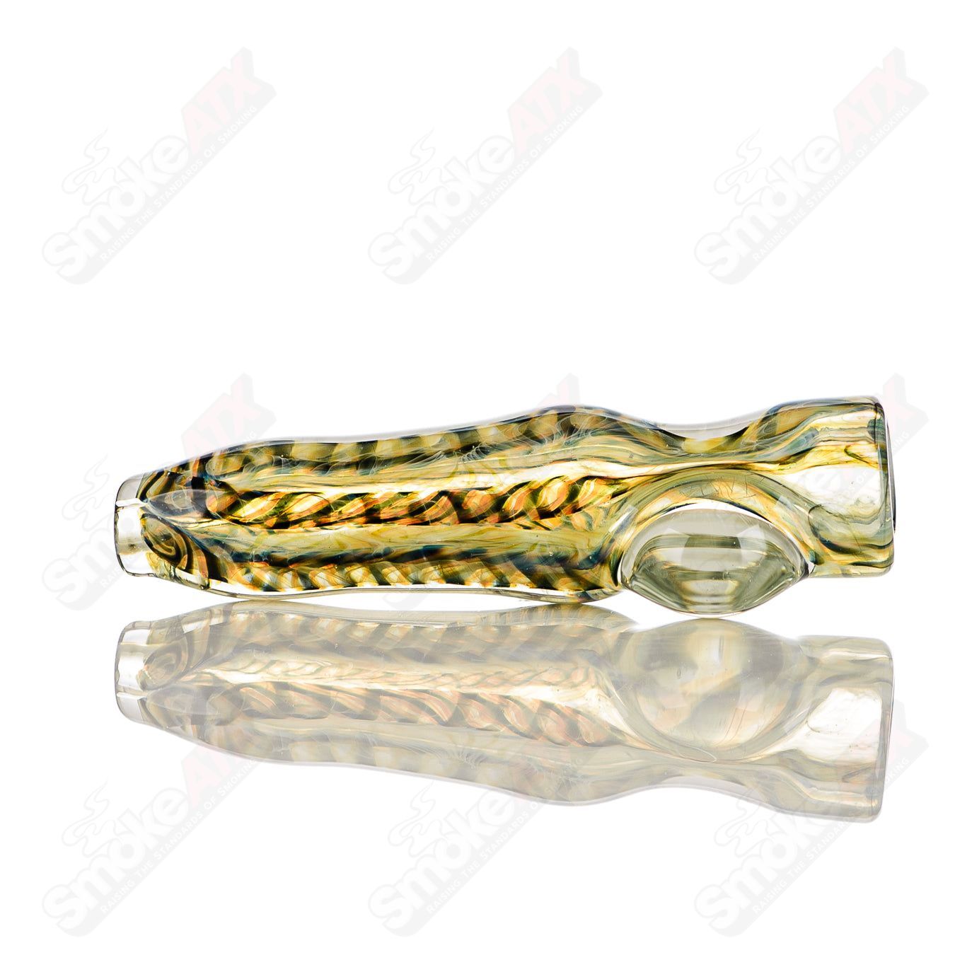 JMK Glass signed #12 I/O Worked Chillum made of clear glass with intricate worked design and signature details.