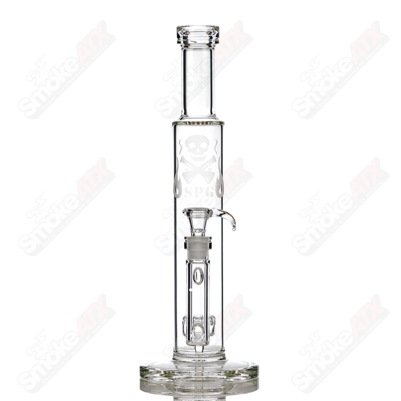 12-inch clear puck perc tube by Stephan Peirce Glass, straight glass tube with multiple percolators for smooth filtration.