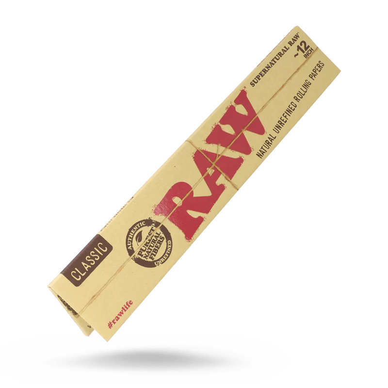 12-inch RAW Supernatural Classic rolling papers, thin and natural, designed for smooth rolling and optimal burn.