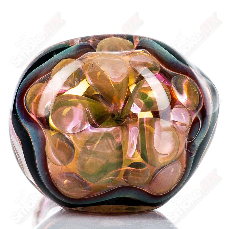 Glass pipe spoon with gold and silver fume accents, designed by Shane Smith, featuring a smooth bowl and artistic glasswork.