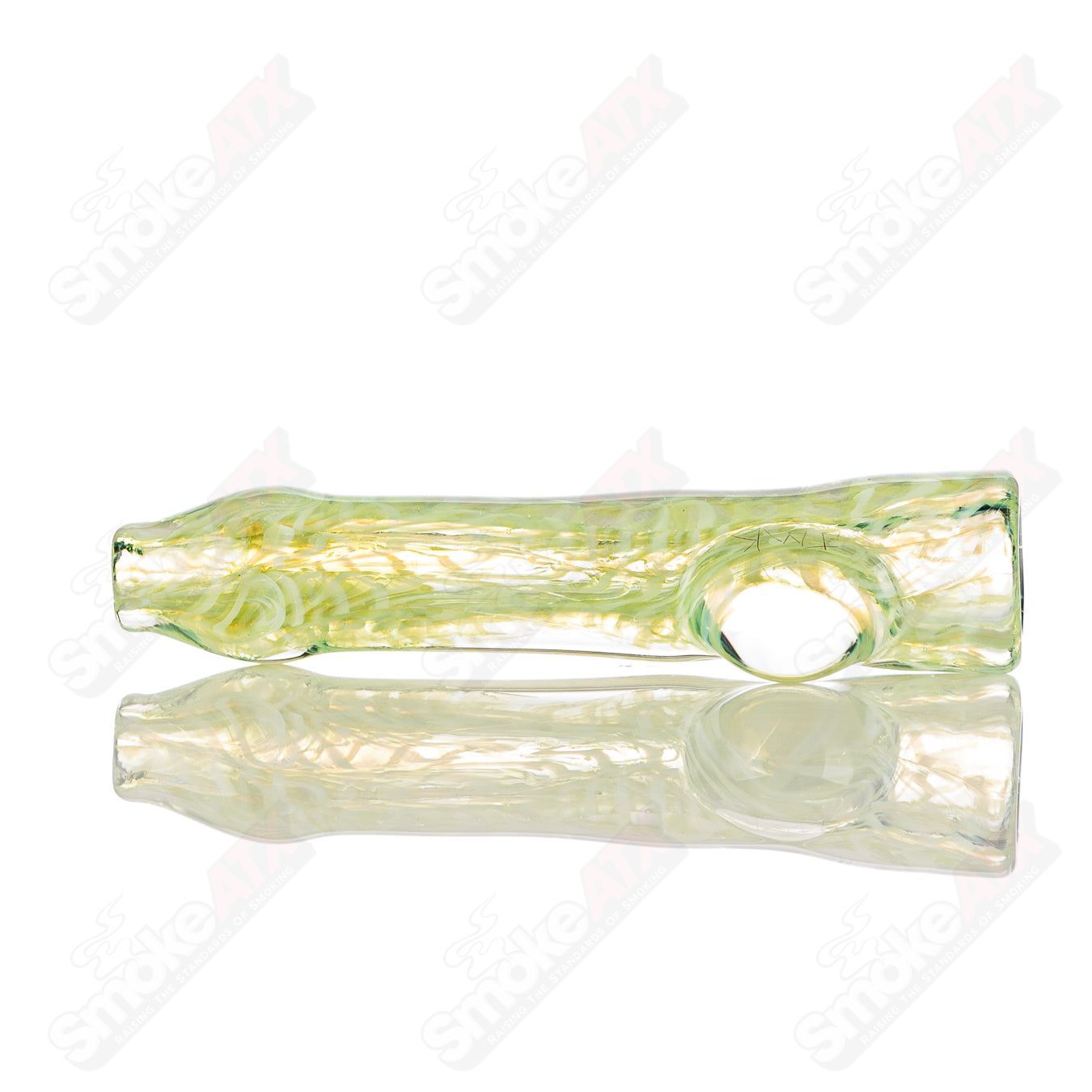 Signed JMK Glass #13 I/O Worked Chillum, clear glass smoking pipe with detailed worked design and signature.