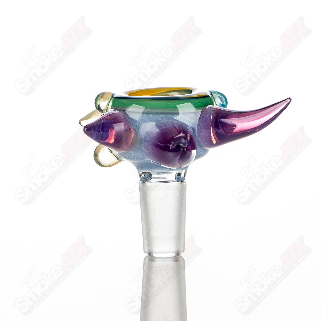 14mm full color worked horn milli bowl by JMass, heady glass bowl with vibrant horn design and intricate craftsmanship.