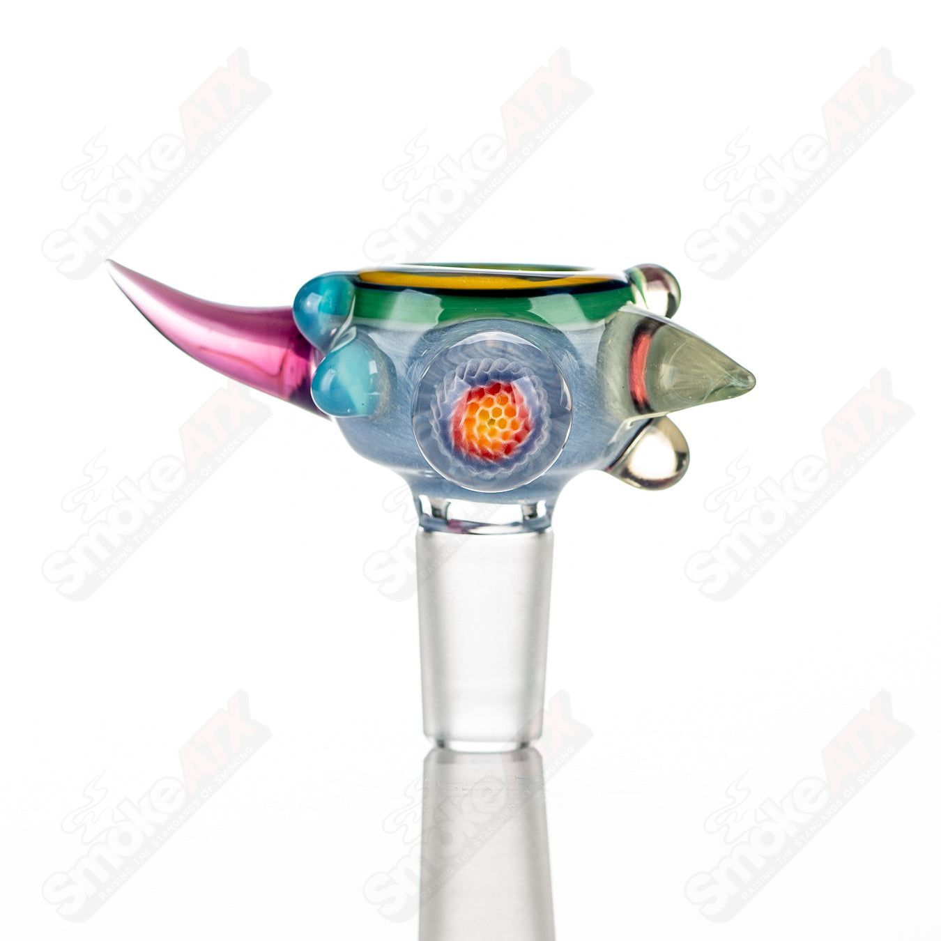 JMass 14mm full-color worked horn Milli bowl for heady glass, featuring intricate horn design and vibrant colors.