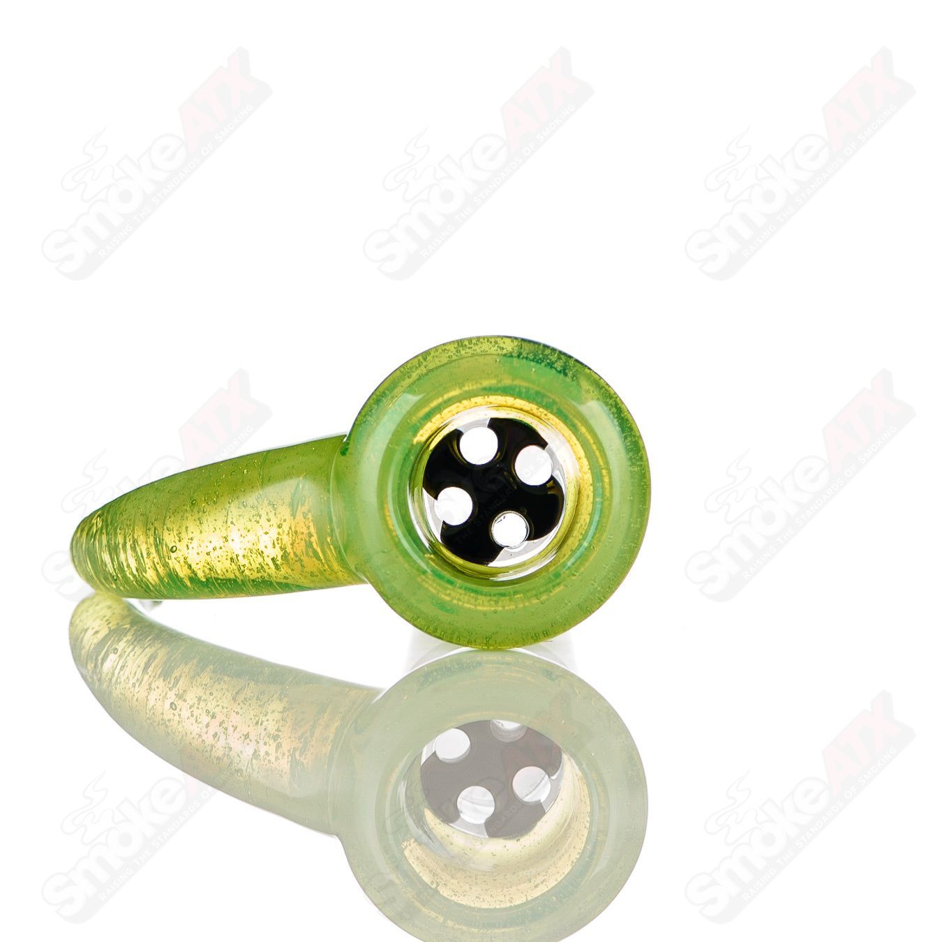 Colorful 18mm worked glass 4-hole slide bowl by Texas Tubes, featuring vibrant designs and sturdy construction.