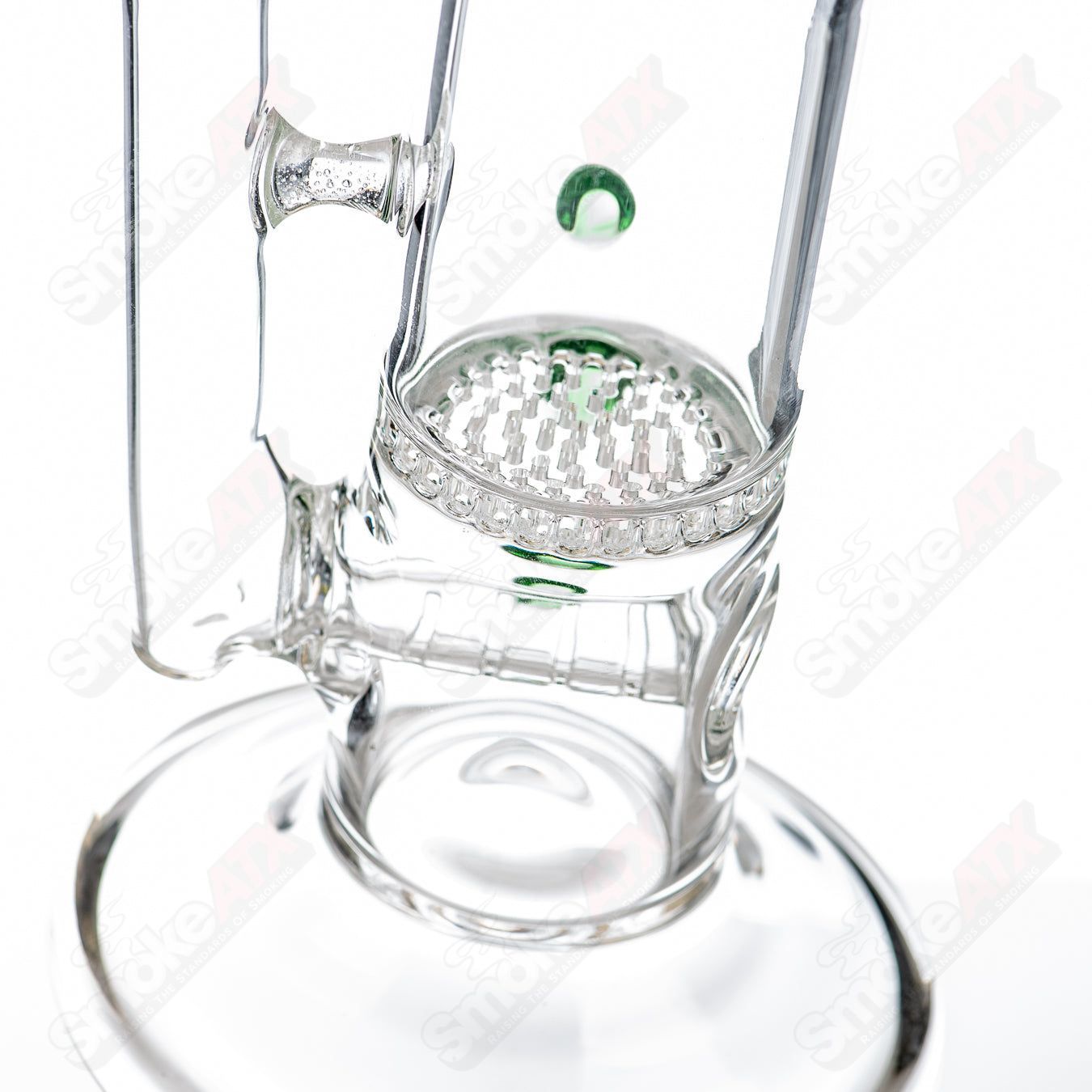 14-inch green color dot stem and honeycomb perc glass straight tube by Austin Made Glass Co with 50mm diameter.