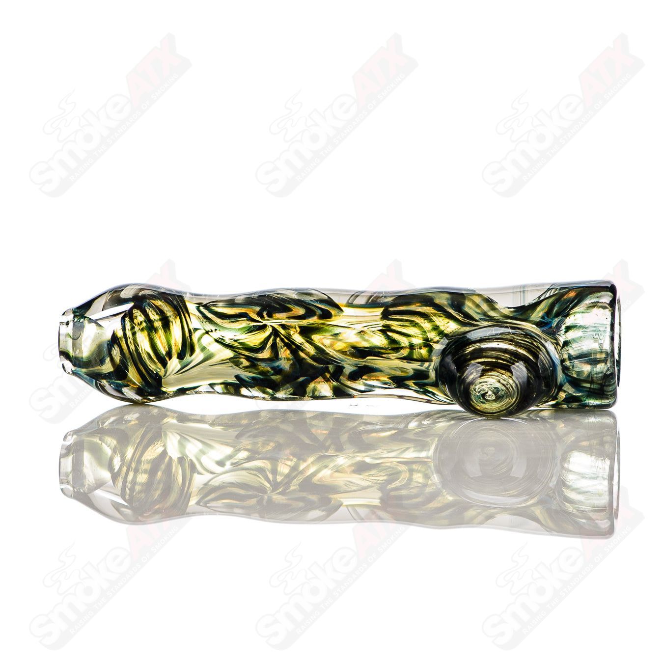 Glass chillum with intricate I/O worked design, signed by JMK Glass, featuring a clear and detailed handcrafted appearance.