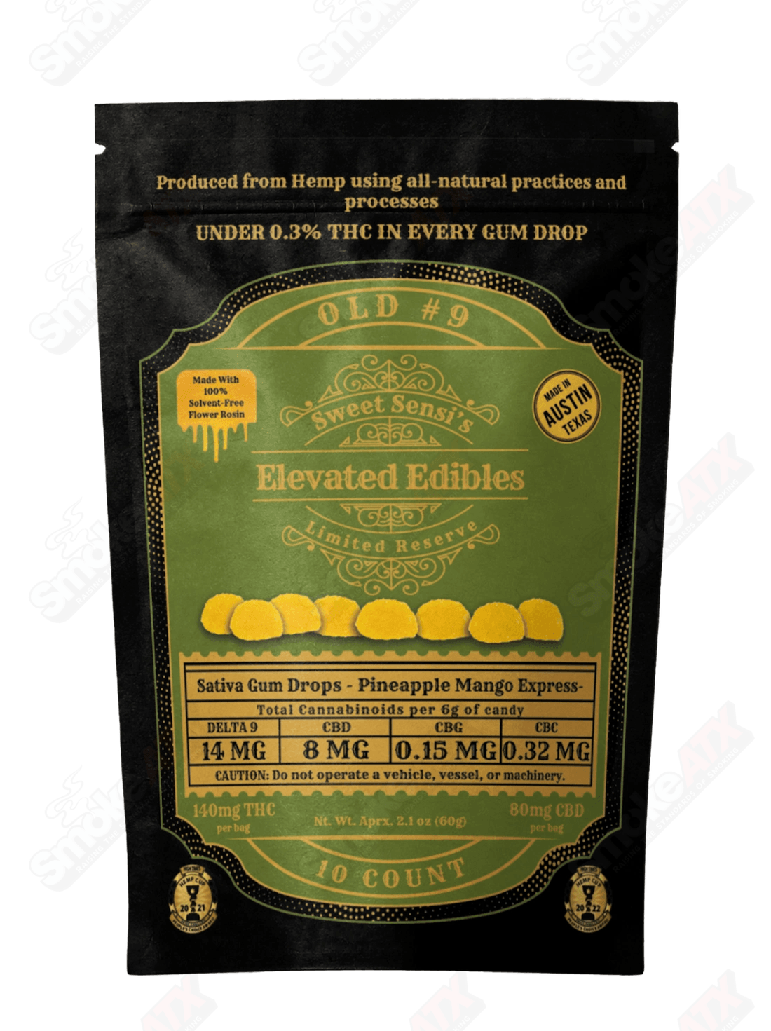 Sweet Sensi D9 Sativa Hemp Edibles featuring 10 pineapple mango express gummy drops with 140mg THC per pack.