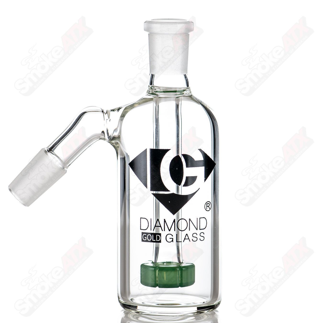 Diamond Glass 14/45 Jade Accent Ash Catcher made of clear glass with jade-colored accents and diamond pattern design.